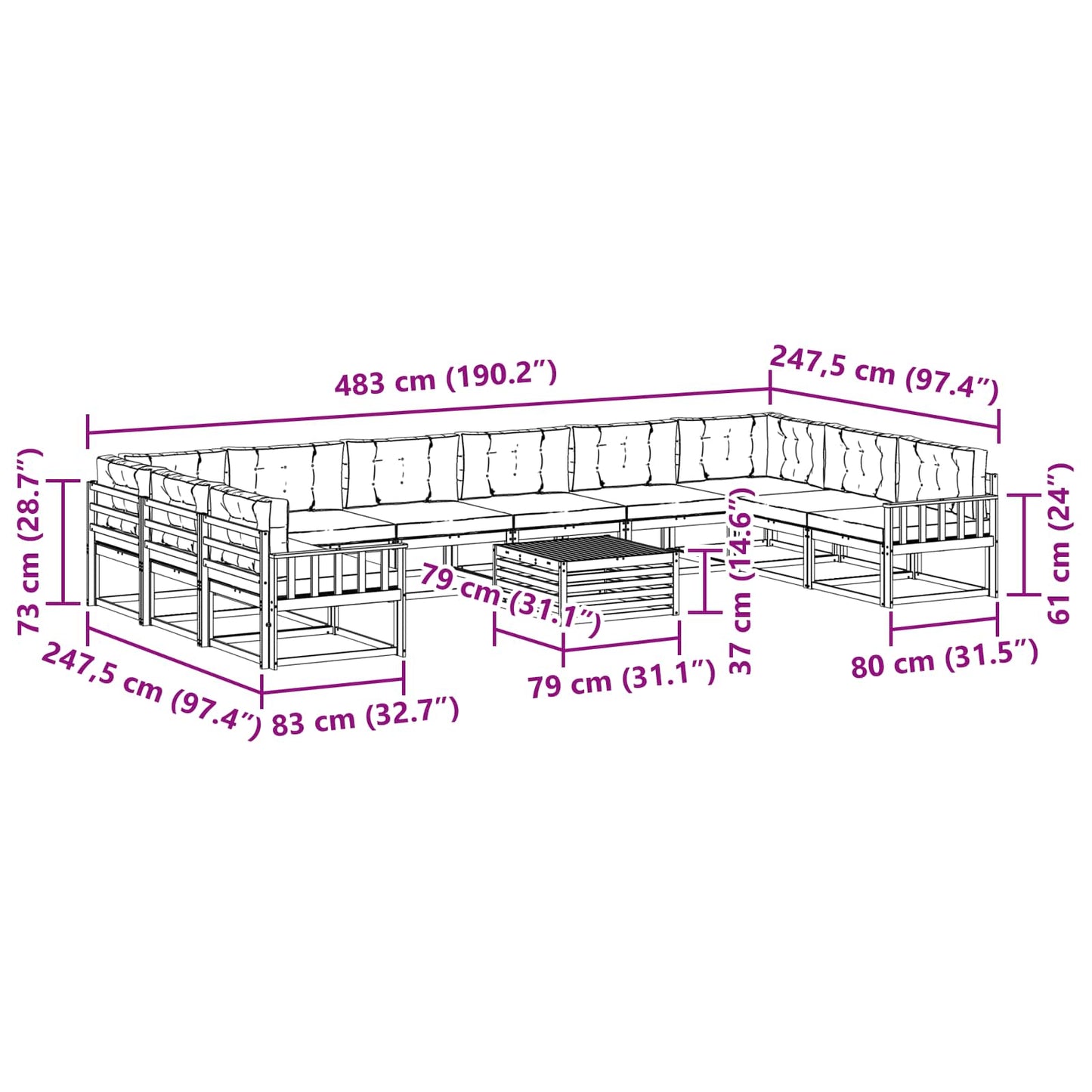 Outdoor-Sofagarnitur mit Kissen 11 pcs Natur und Anthrazit