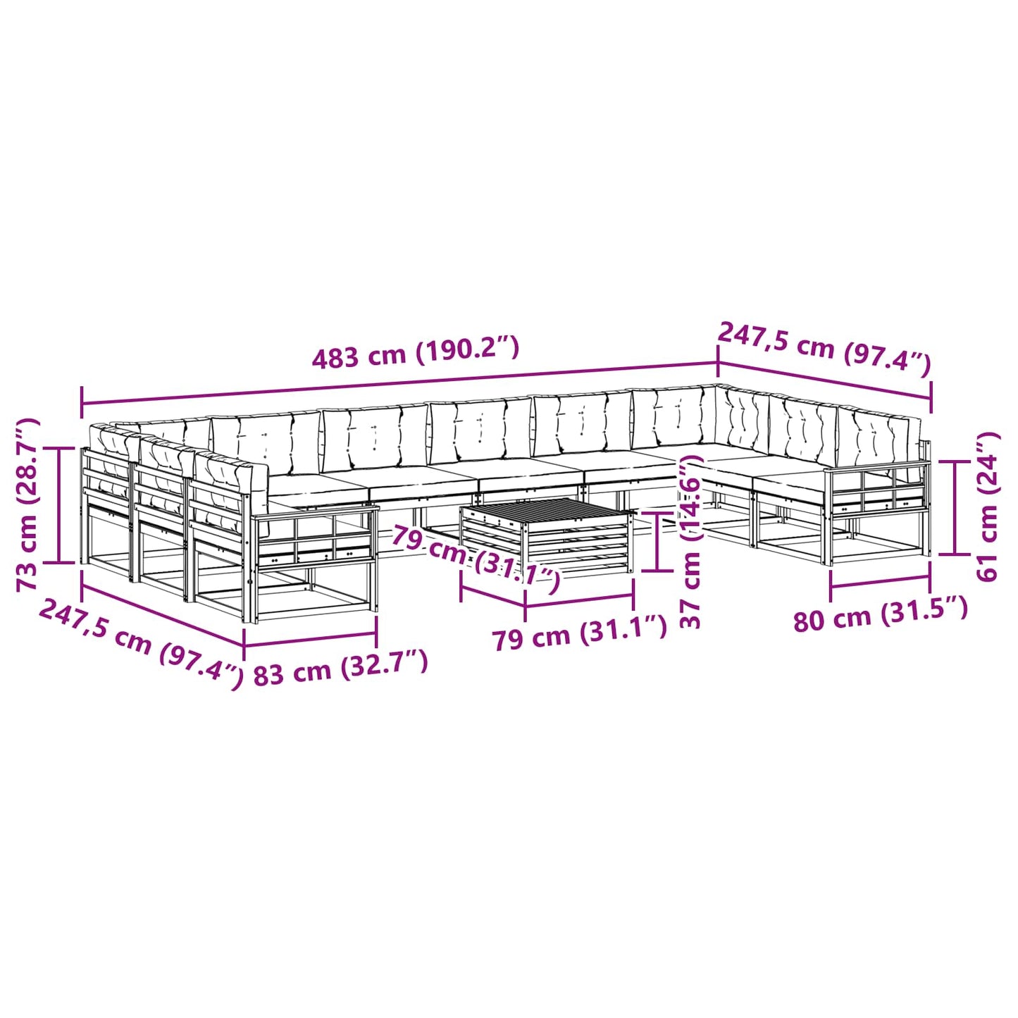 Outdoor-Sofagarnitur mit Kissen 11 pcs Natur und Anthrazit