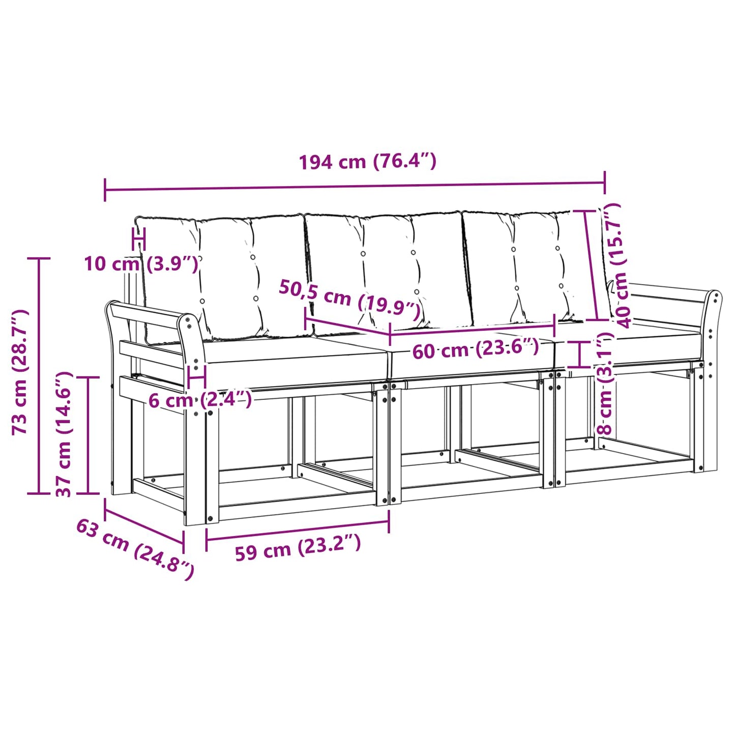 Outdoor-Sofagarnitur 3 stk. Natürlich und Schwarz