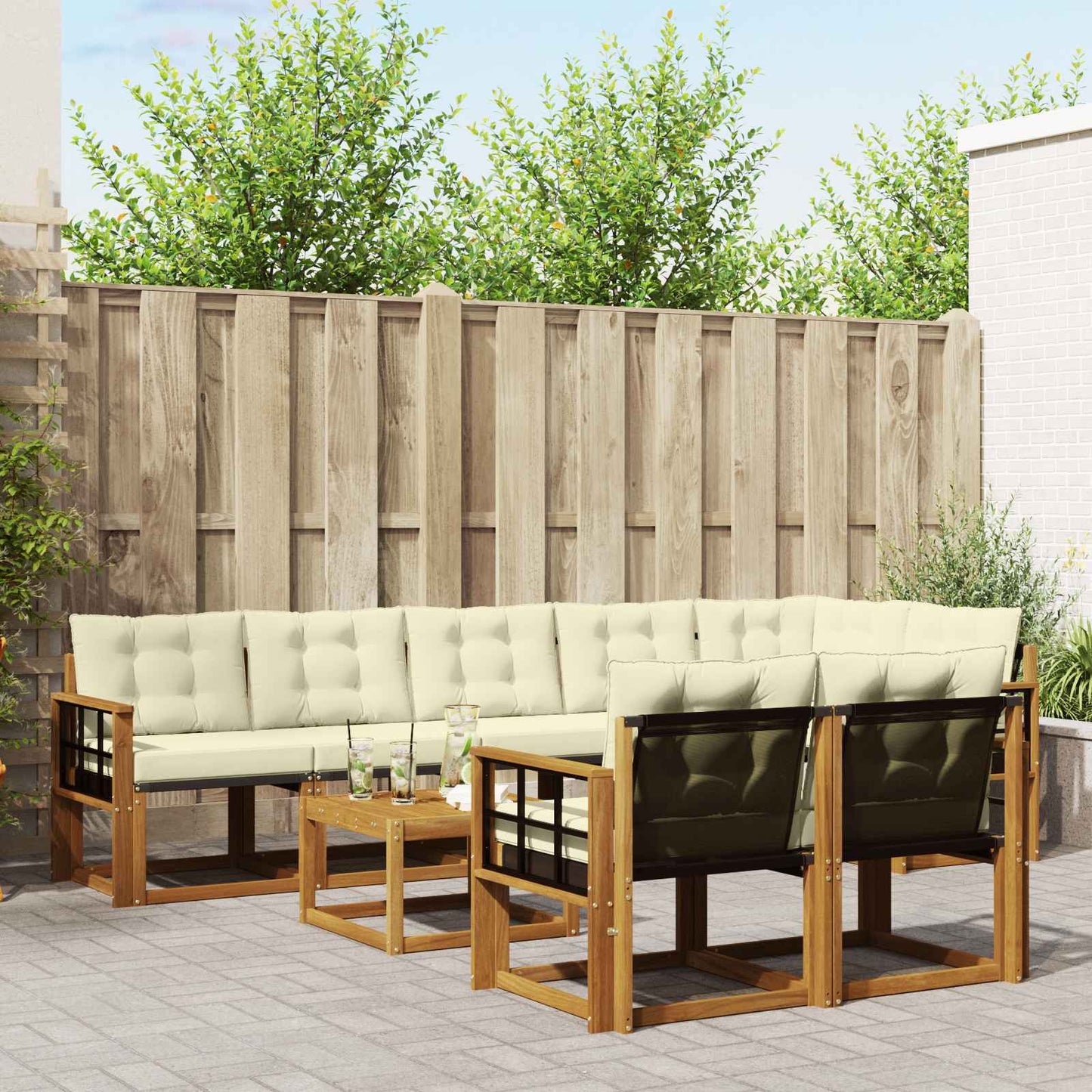 Outdoor-Sofagarnitur mit Kissen 9 pcs Natur und Creme