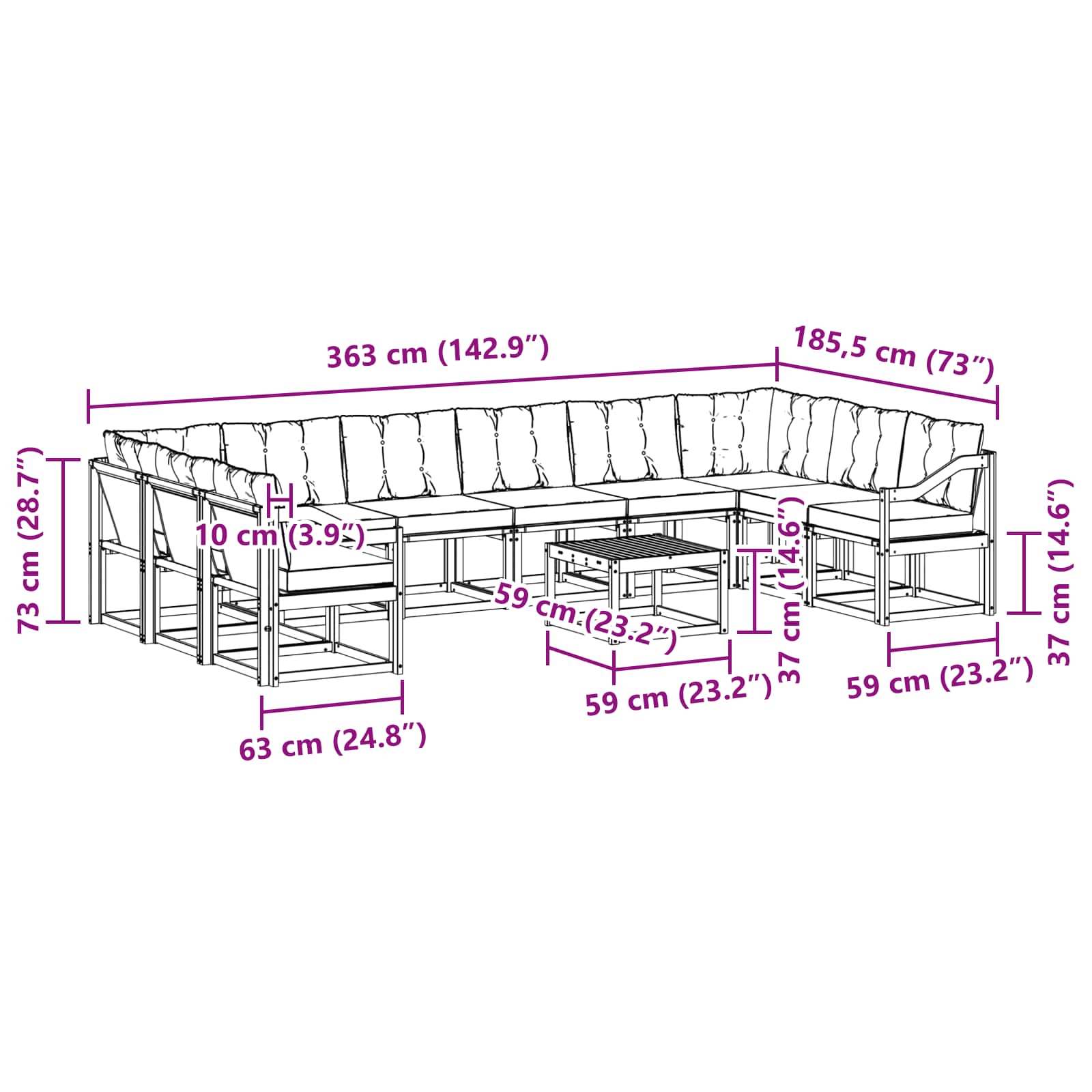Outdoor-Sofagarnitur mit Kissen 11 pcs Natürlich und Schwarz