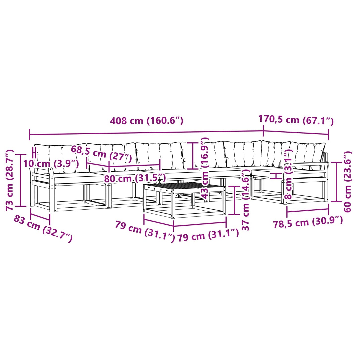 Outdoor-Sofagarnitur mit Kissen 7 pcs Natürlich und Schwarz