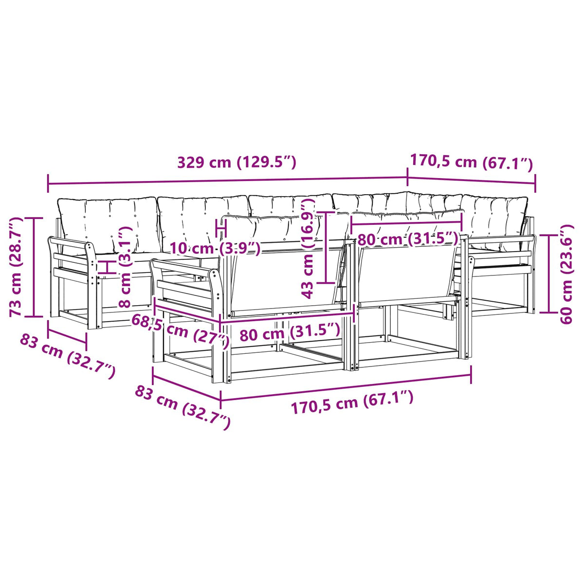 Outdoor-Sofagarnitur 7 stk. Natur und Schwarz