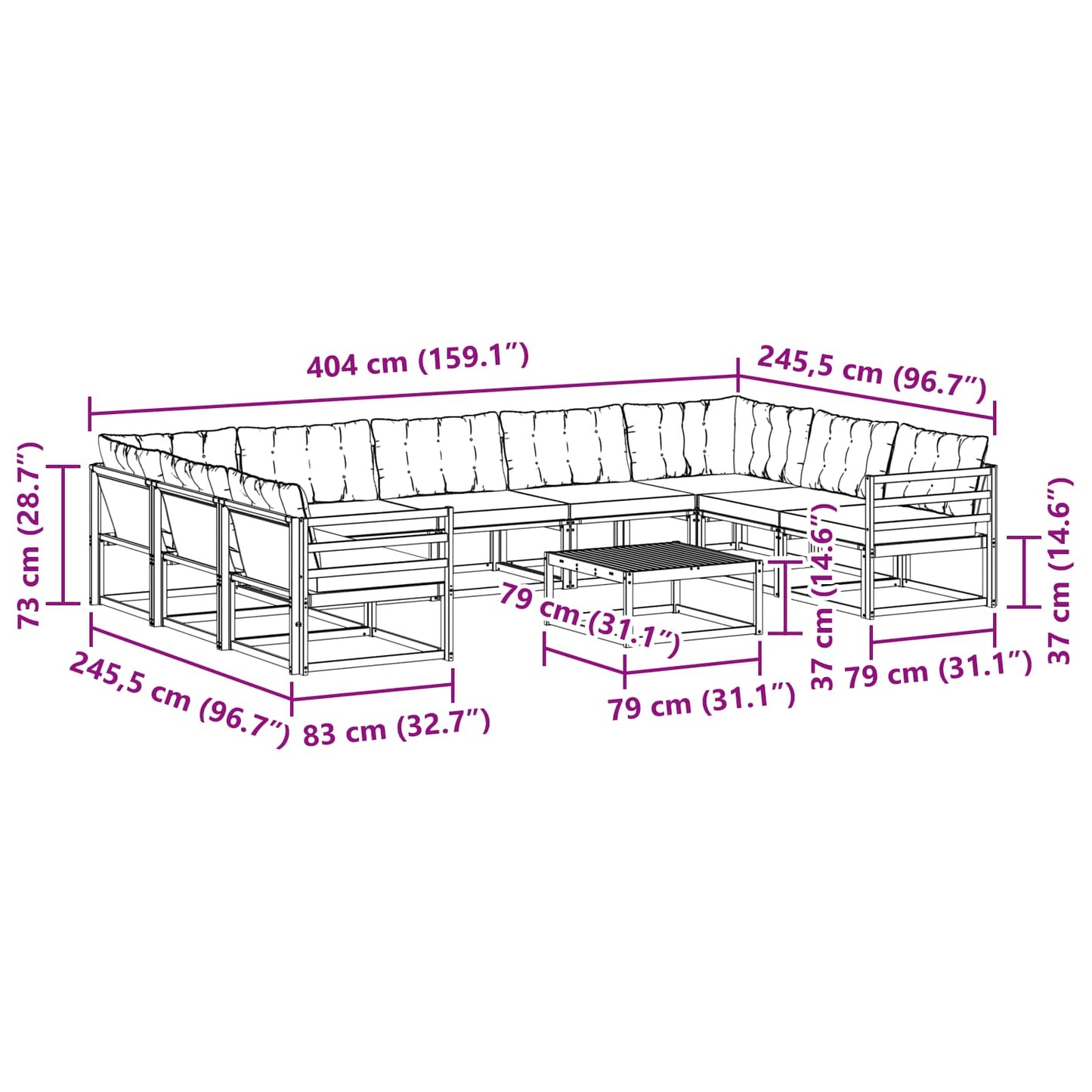 Outdoor-Sofagarnitur mit Kissen 10 pcs Natürlich und Schwarz