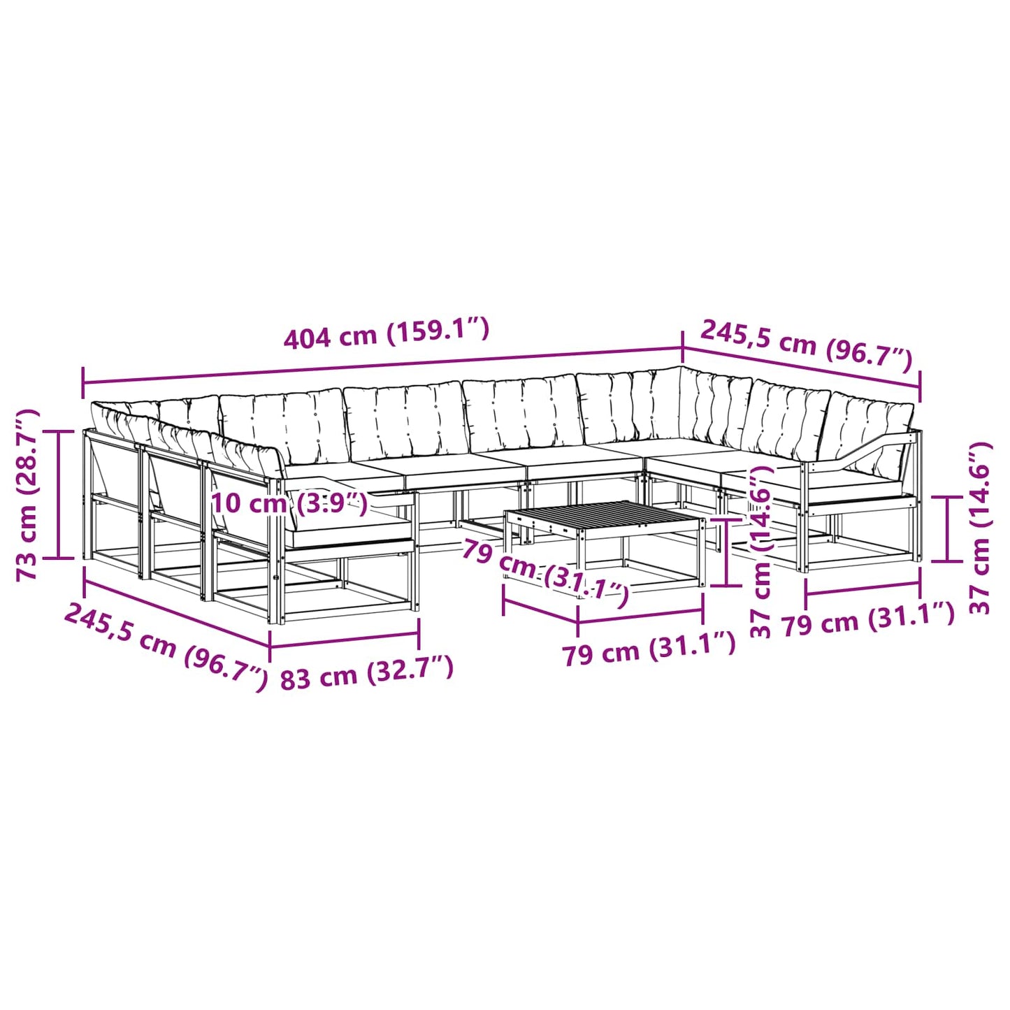 Outdoor-Sofagarnitur mit Kissen 10 pcs Natürlich und Schwarz