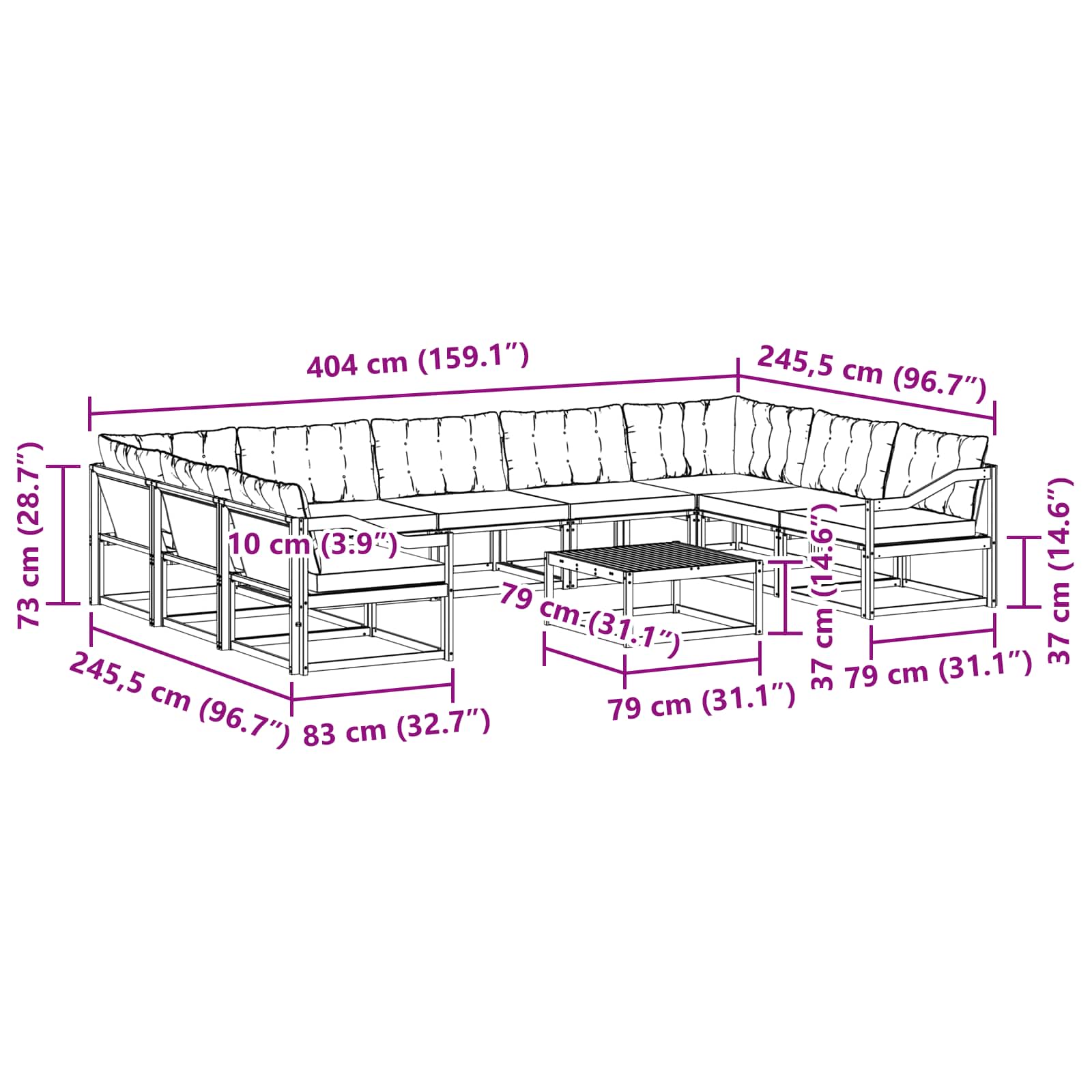 Outdoor-Sofagarnitur mit Kissen 10 pcs Natürlich und Schwarz