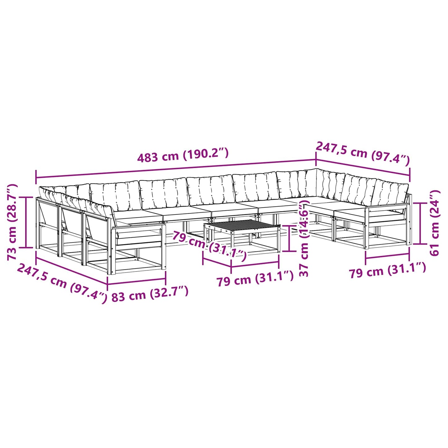 Outdoor-Sofagarnitur mit Kissen 11 pcs Natürlich und Schwarz