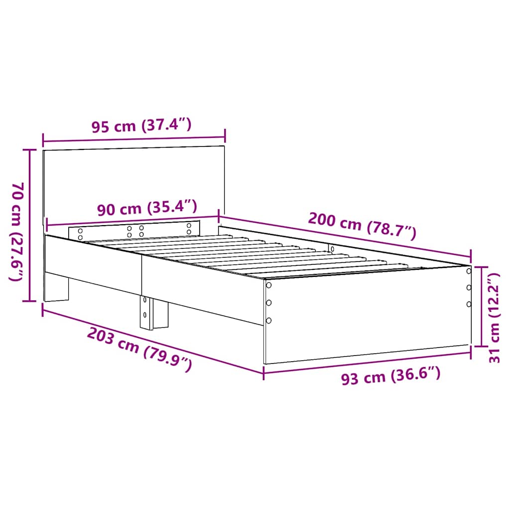 Bettgestell mit Kopfteil Schwarz Eichen-Optik 90 x 200 cm