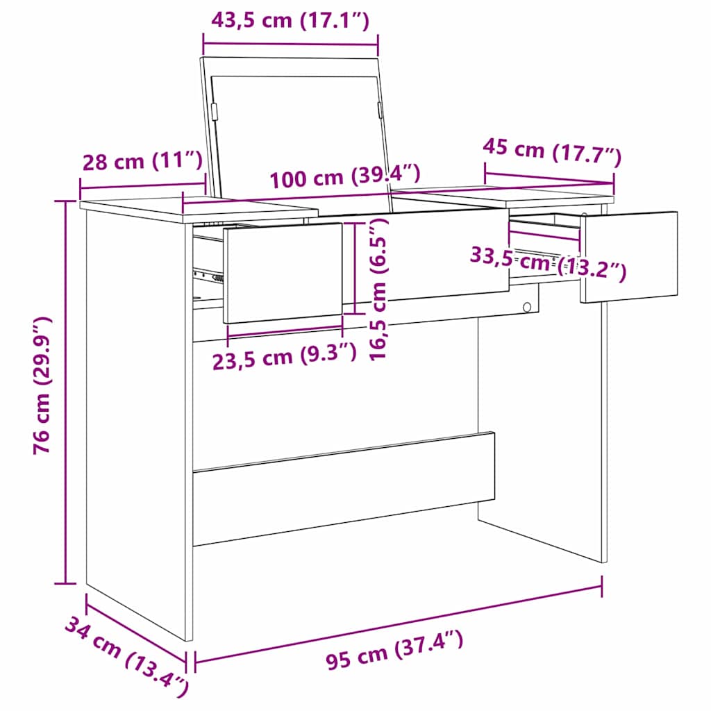 Kosmetiktisch mit Schubladen Altholz 100 x 45 x 76 cm