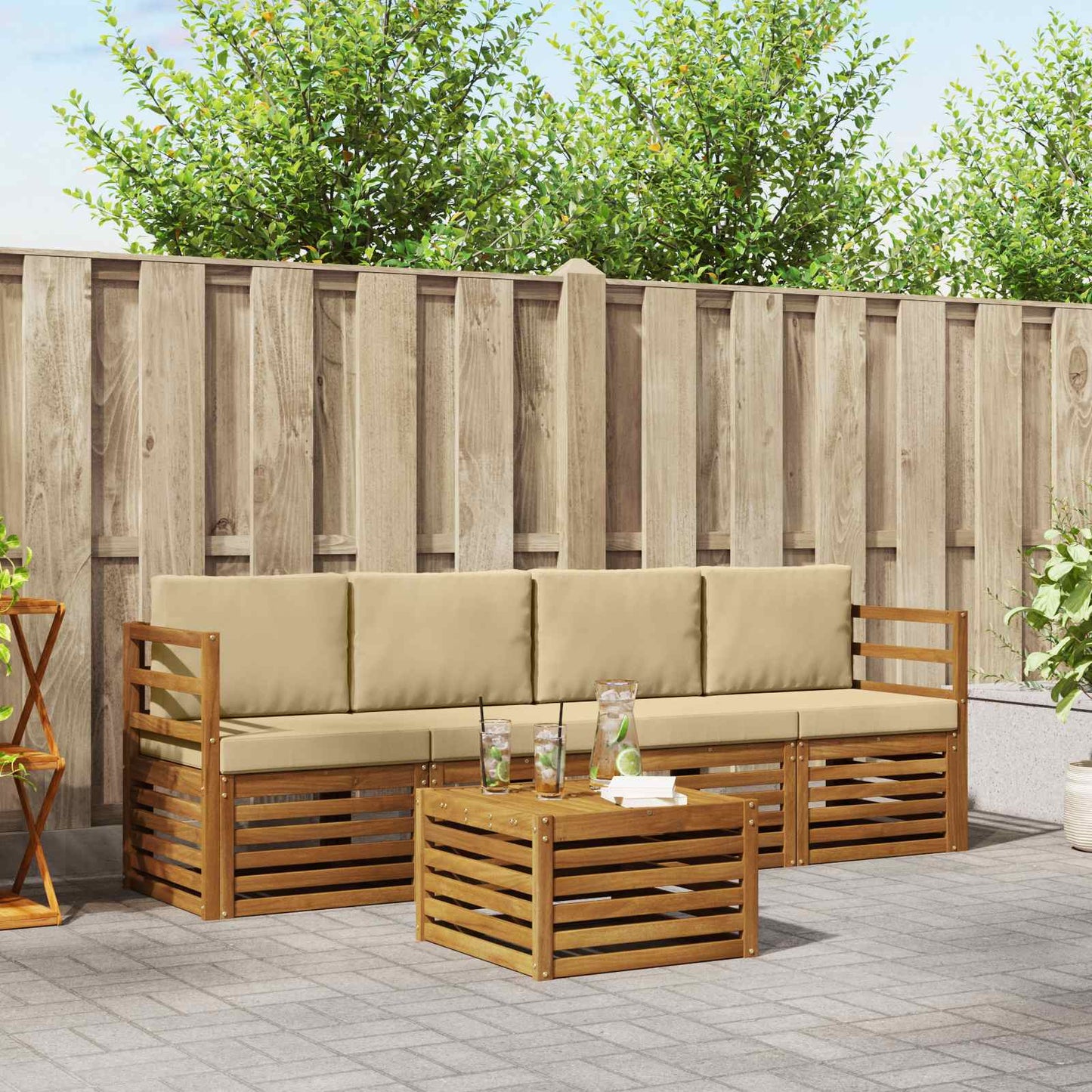 Outdoor-Sofagarnitur 5 stk. Natur und Beige Massivholz Akazie