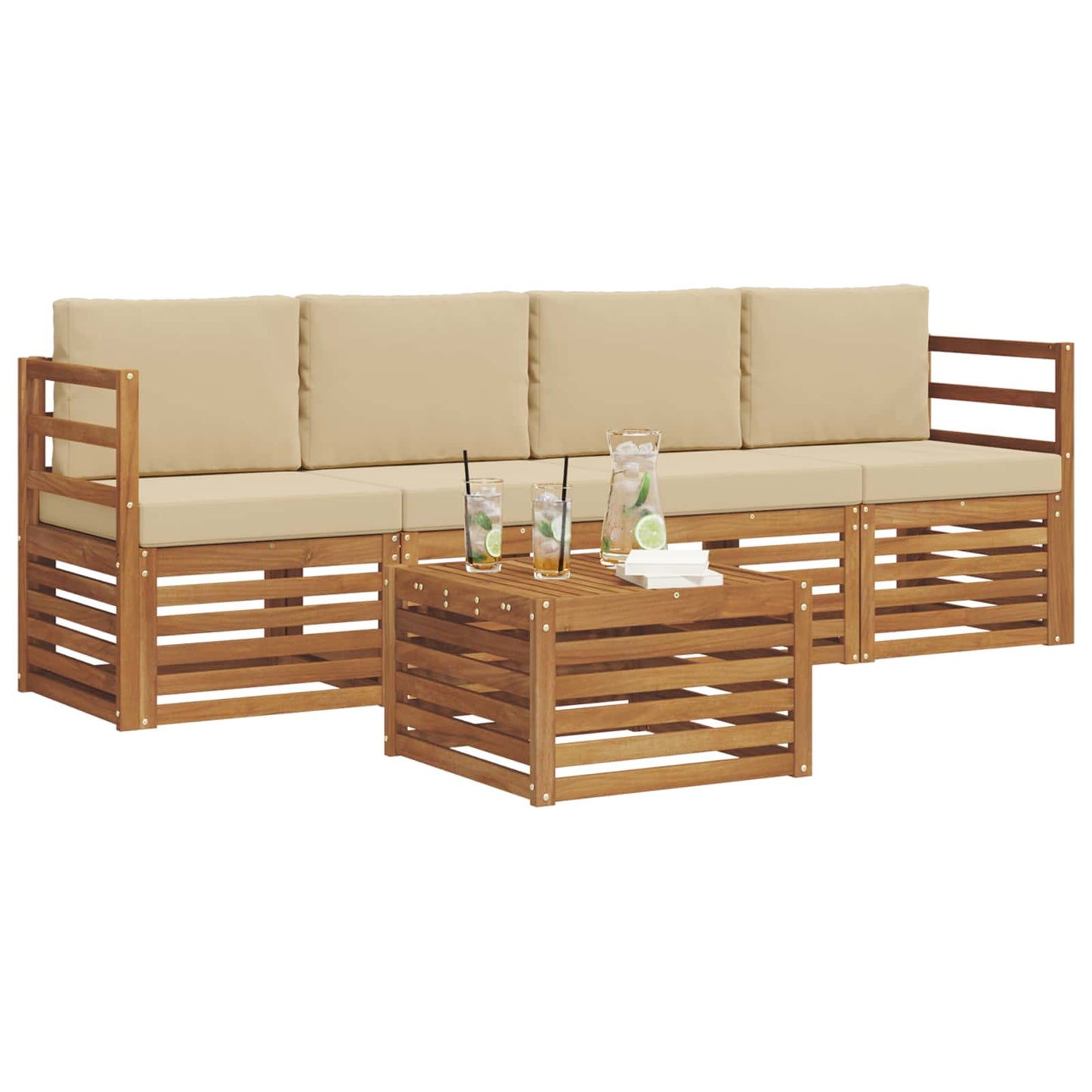 Outdoor-Sofagarnitur 5 stk. Natur und Beige Massivholz Akazie