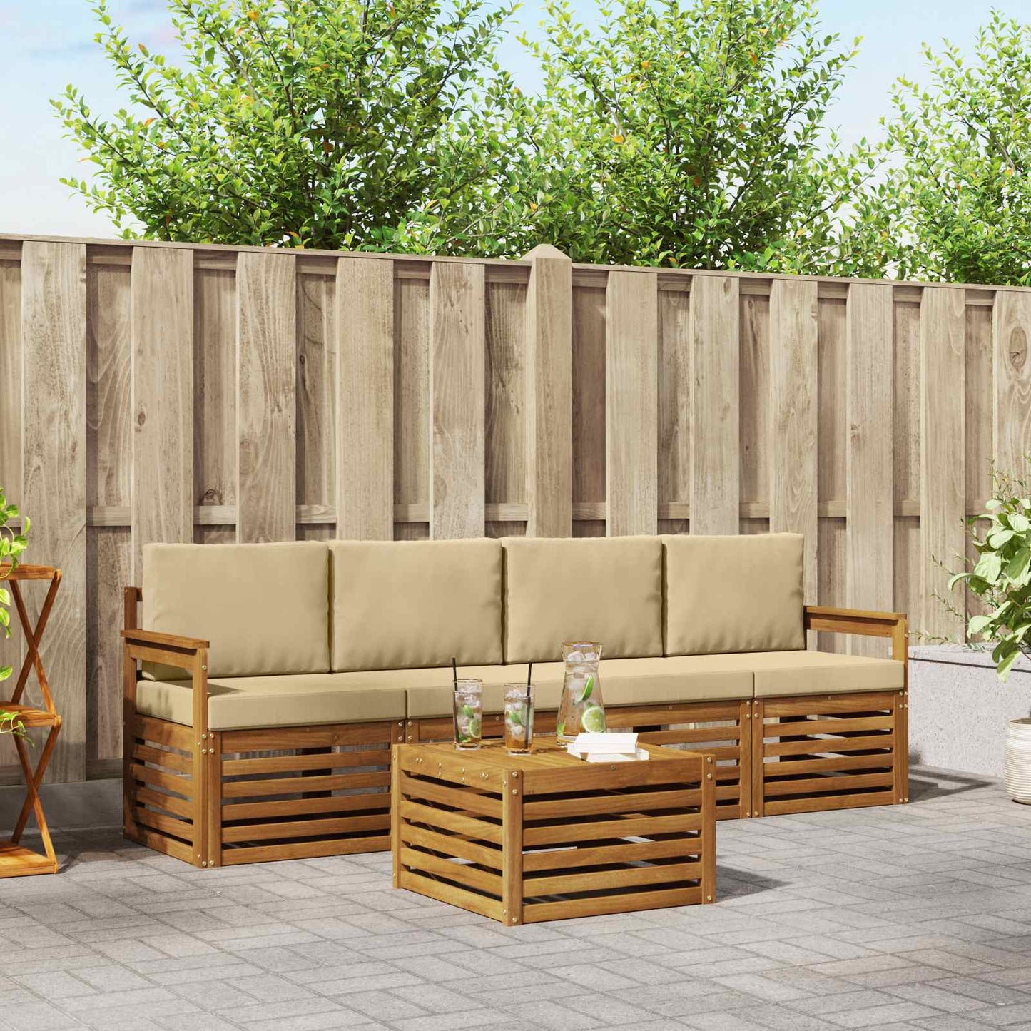 Outdoor-Sofagarnitur 5 stk. Natur und Beige Massivholz Akazie