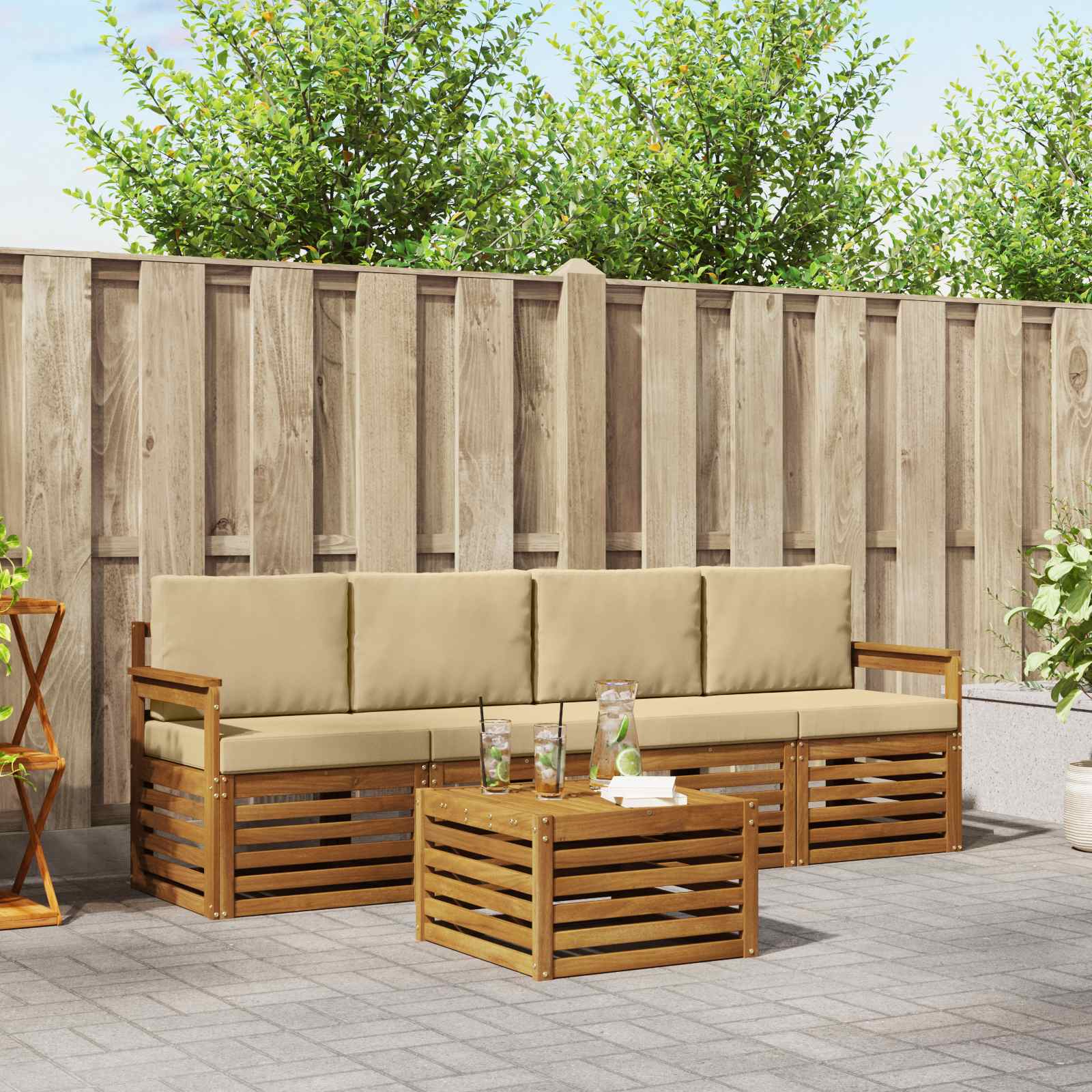 Outdoor-Sofagarnitur 5 stk. Natur und Beige Massivholz Akazie