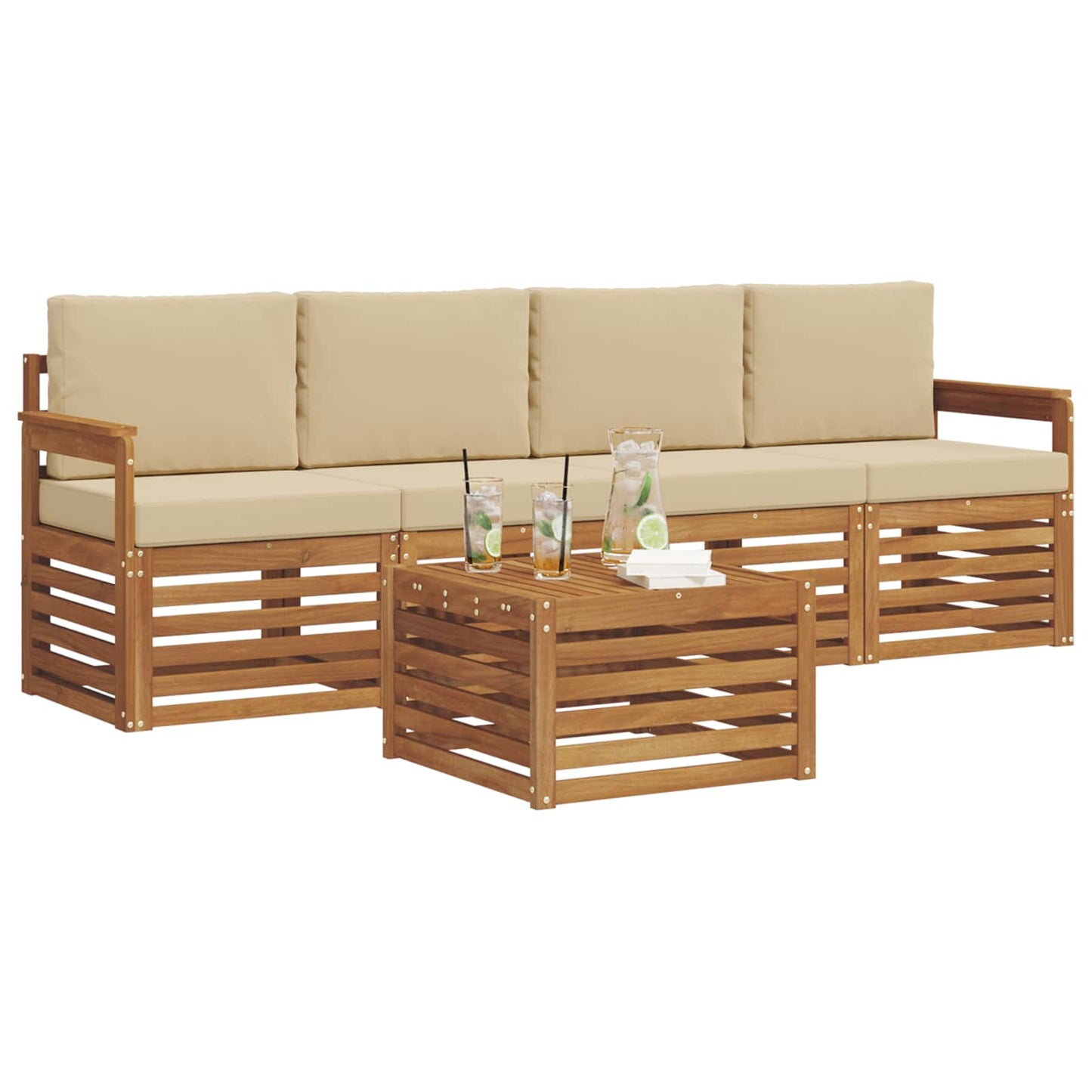 Outdoor-Sofagarnitur 5 stk. Natur und Beige Massivholz Akazie