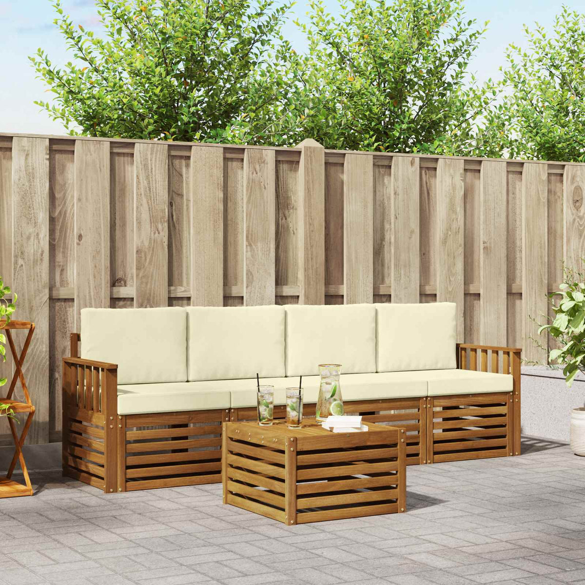Outdoor-Sofagarnitur 5 stk. Natur und Creme Massivholz Akazie
