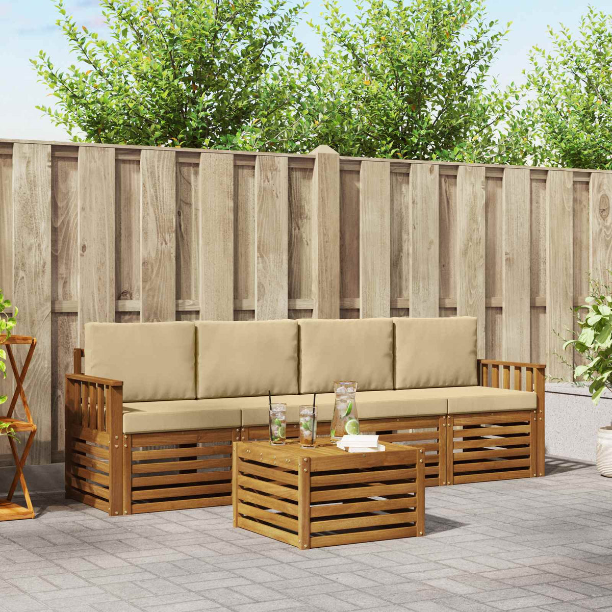 Outdoor-Sofagarnitur 5 stk. Natur und Beige Massivholz Akazie