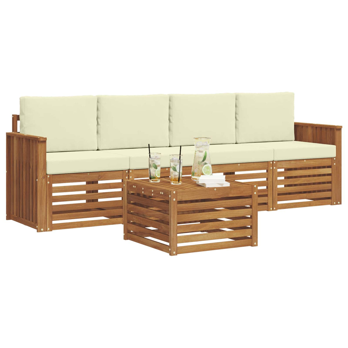 Outdoor-Sofagarnitur 5 stk. Natur und Creme Massivholz Akazie