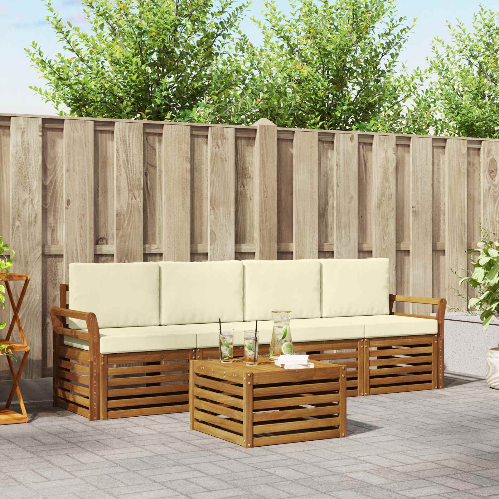 Outdoor-Sofagarnitur 5 stk. Natur und Creme Massivholz Akazie