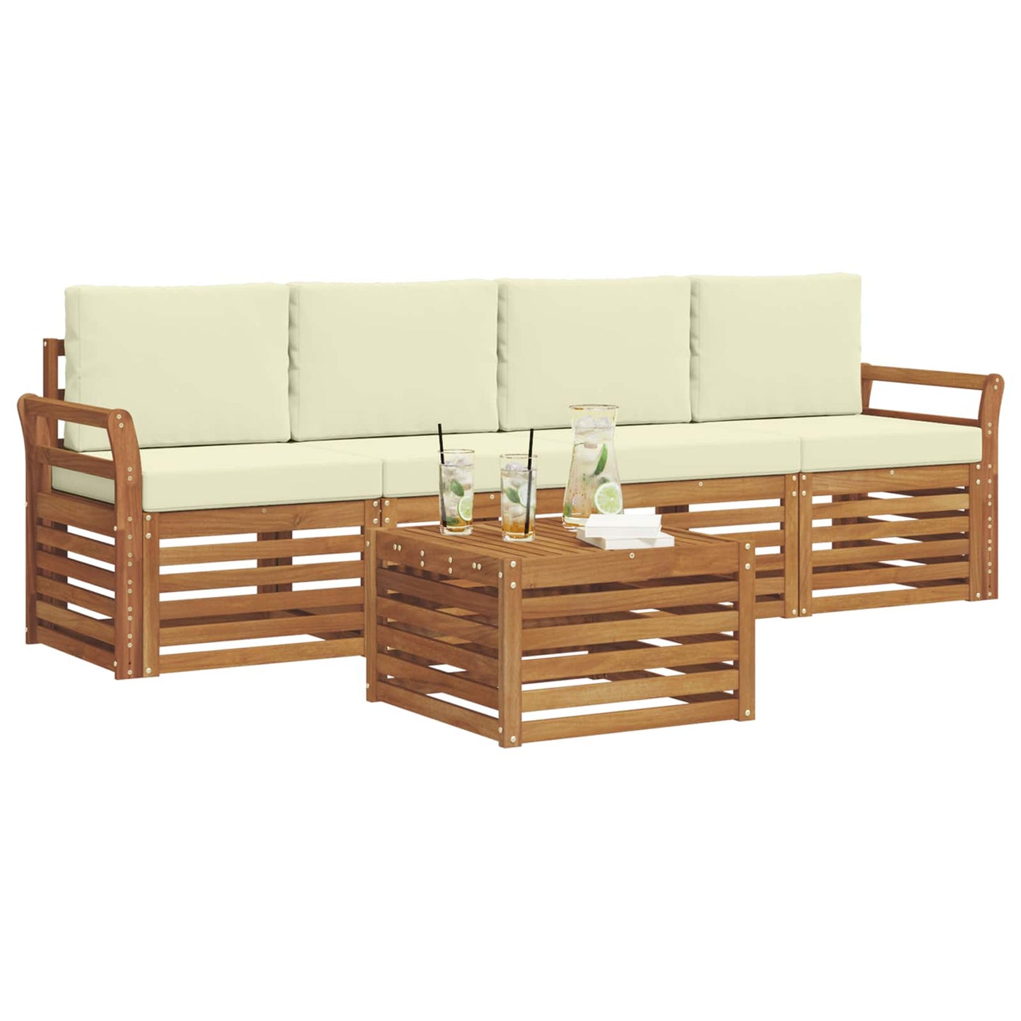 Outdoor-Sofagarnitur 5 stk. Natur und Creme Massivholz Akazie