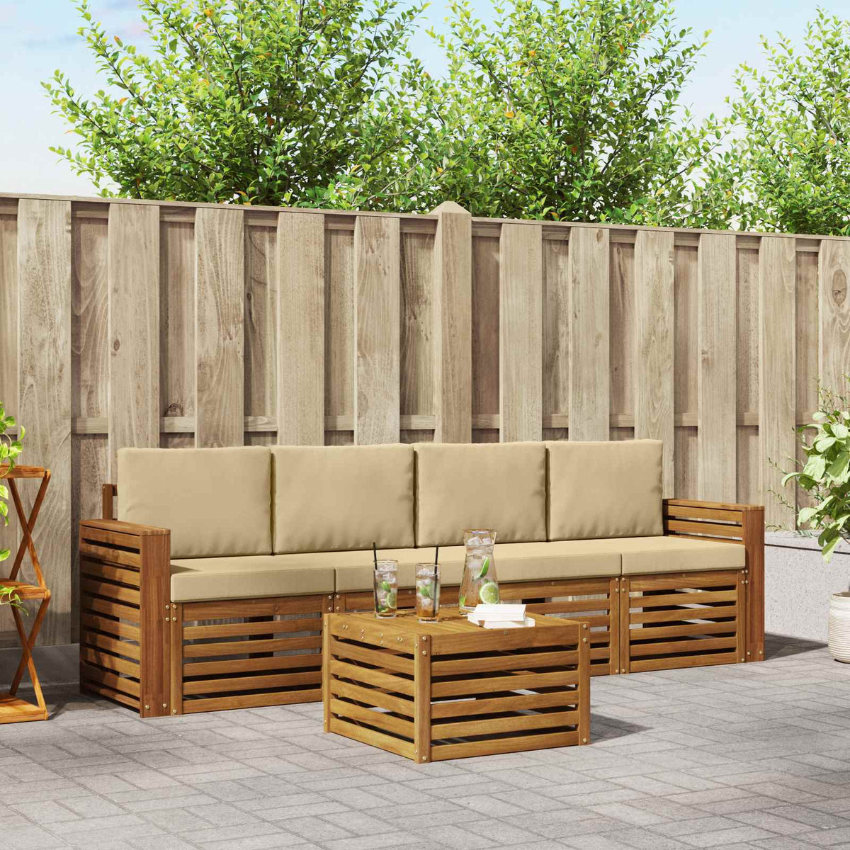 Outdoor-Sofagarnitur 5 stk. Natur und Beige Massivholz Akazie