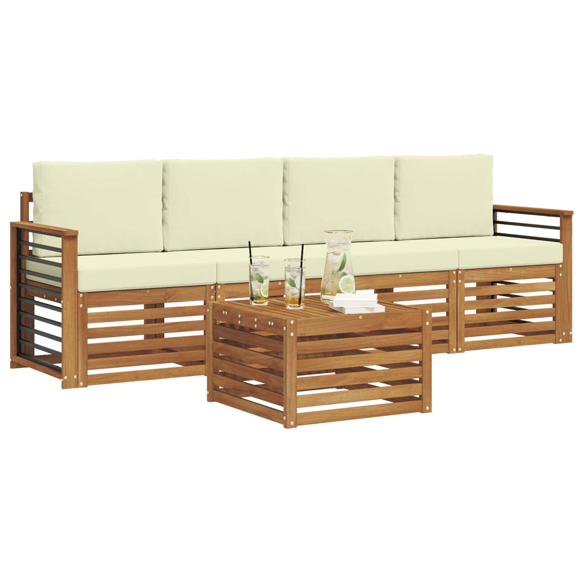 Outdoor-Sofagarnitur 5 stk. Natur und Creme Massivholz Akazie