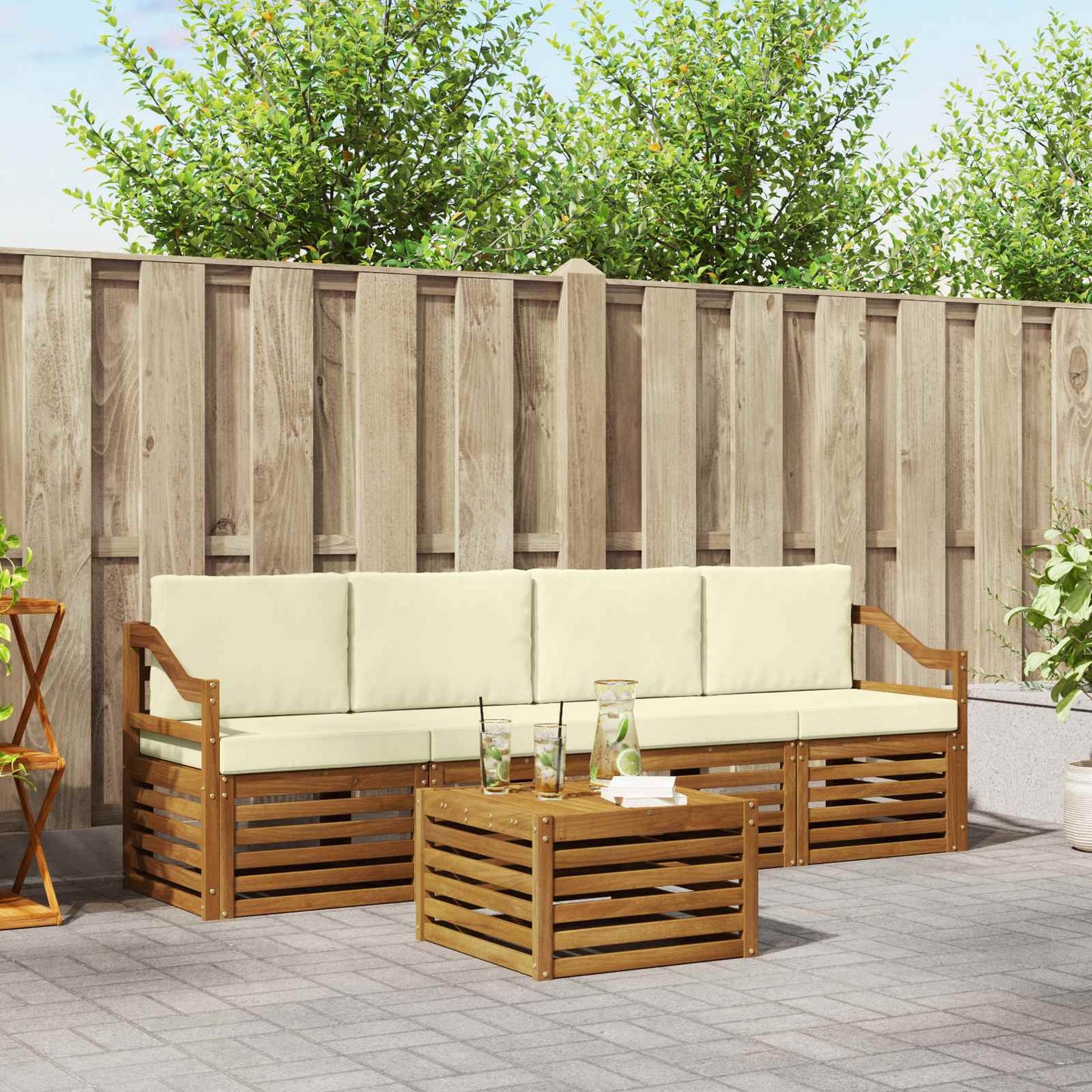 Outdoor-Sofagarnitur 5 stk. Natur und Creme Massivholz Akazie
