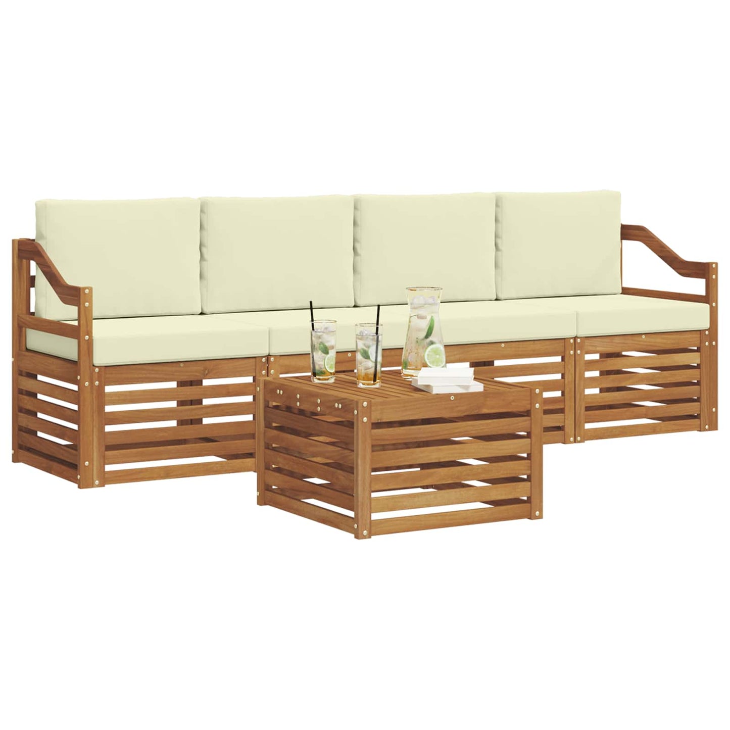 Outdoor-Sofagarnitur 5 stk. Natur und Creme Massivholz Akazie