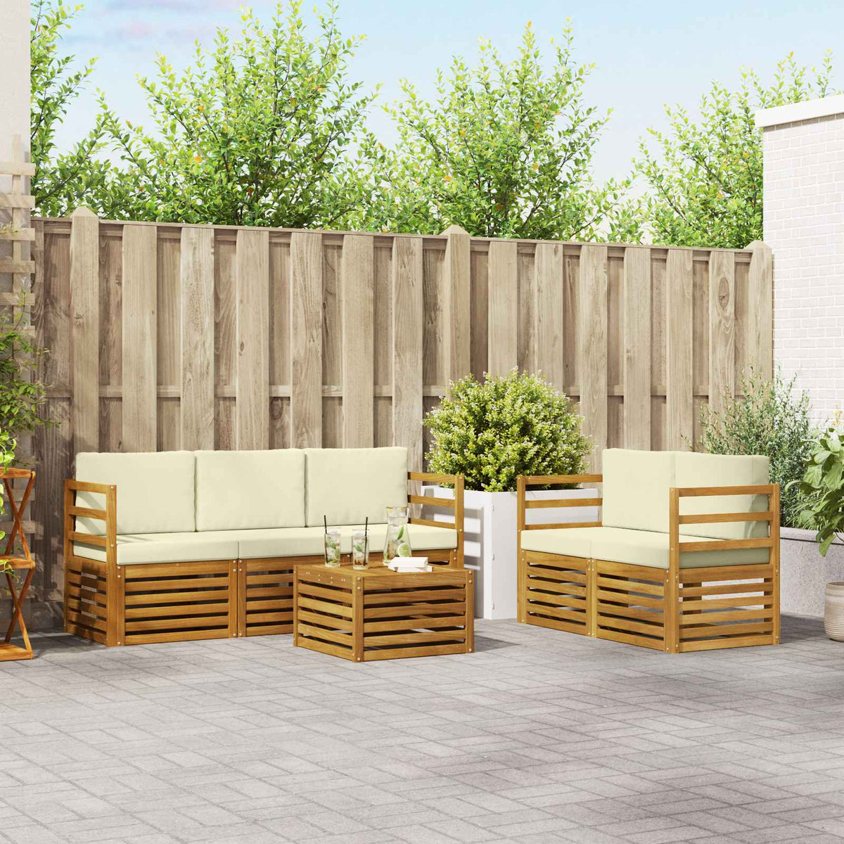 Outdoor-Sofagarnitur 6 stk. Natur und Creme Massivholz Akazie