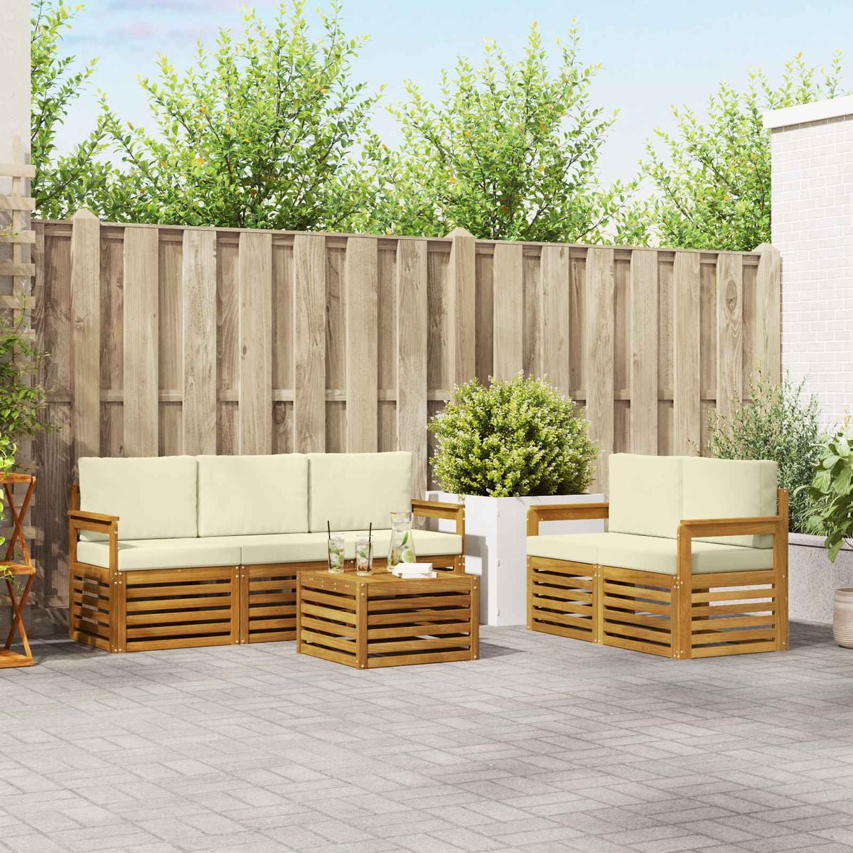 Outdoor-Sofagarnitur 6 stk. Natur und Creme Massivholz Akazie