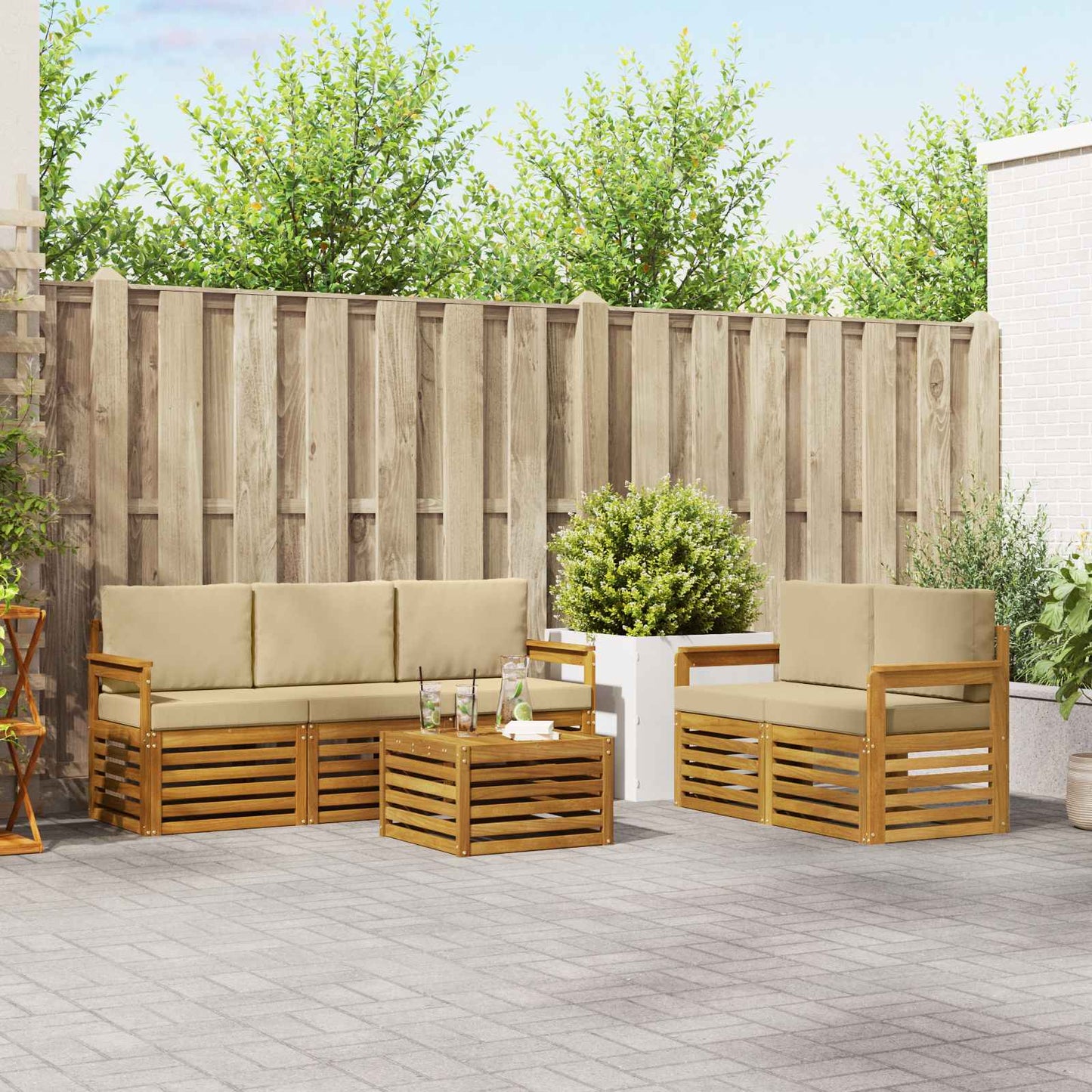 Outdoor-Sofagarnitur 6 stk. Natur und Beige Massivholz Akazie