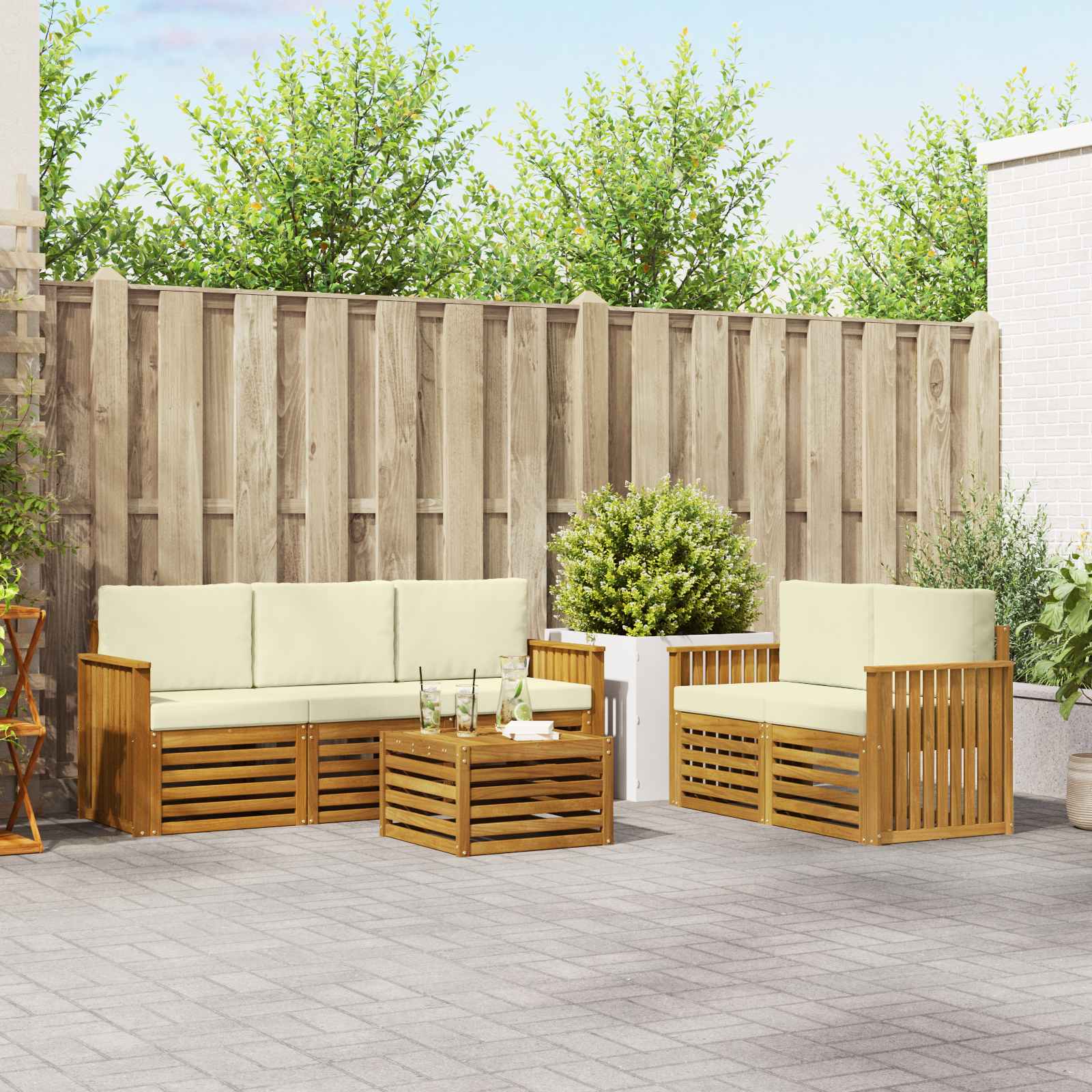 Outdoor-Sofagarnitur 6 stk. Natur und Creme Massivholz Akazie