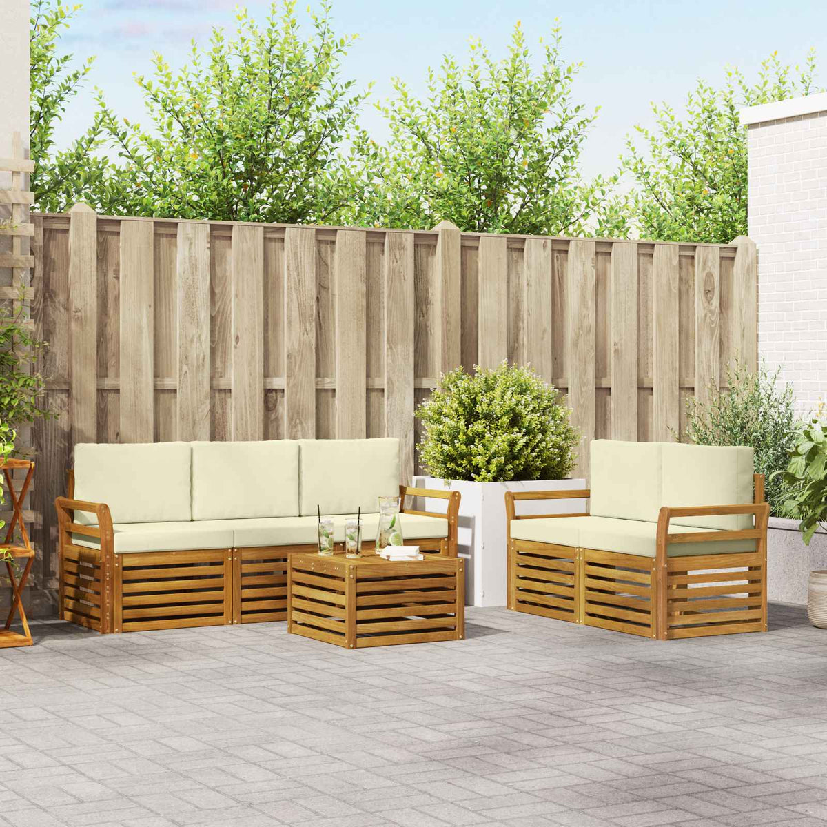 Outdoor-Sofagarnitur 6 stk. Natur und Creme Massivholz Akazie