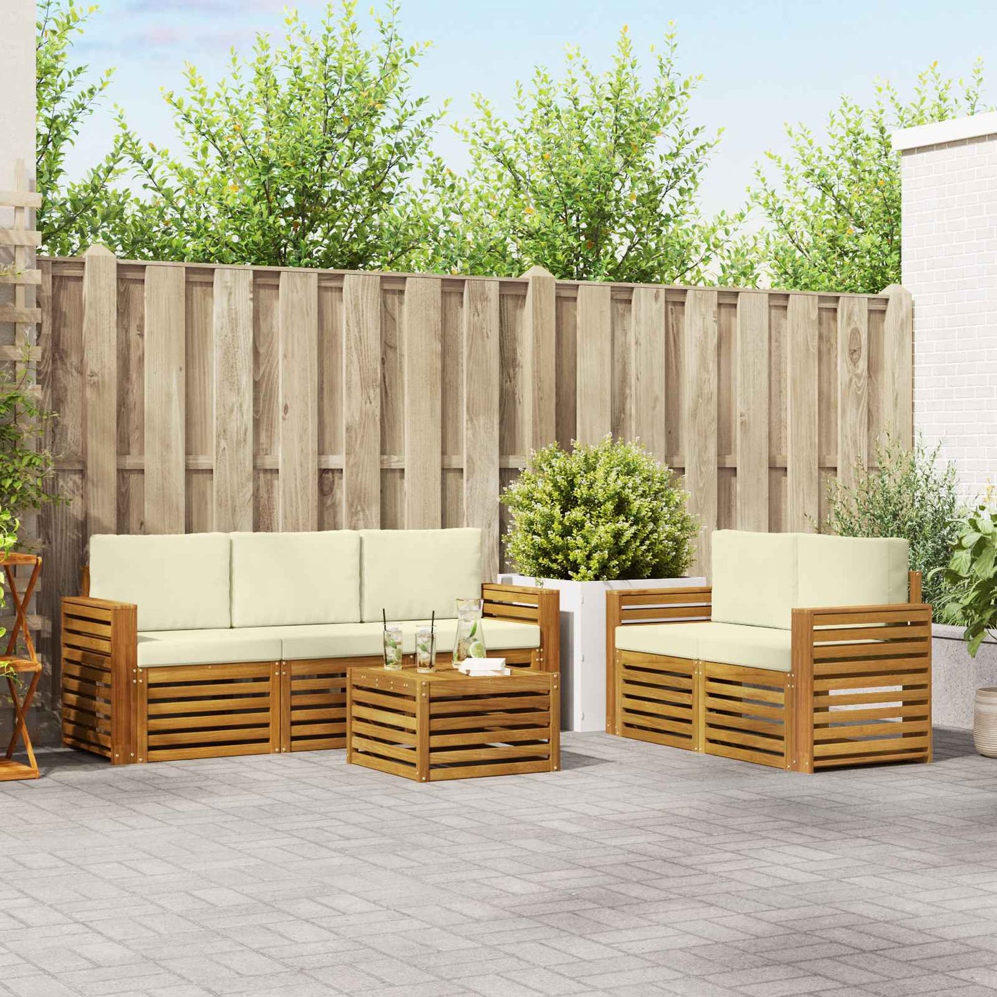 Outdoor-Sofagarnitur 6 stk. Natur und Creme Massivholz Akazie