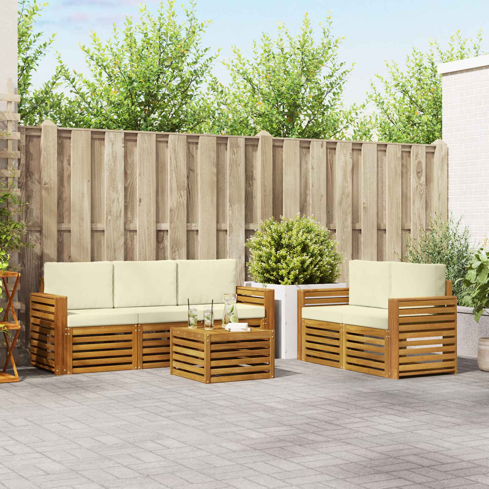 Outdoor-Sofagarnitur 6 stk. Natur und Creme Massivholz Akazie