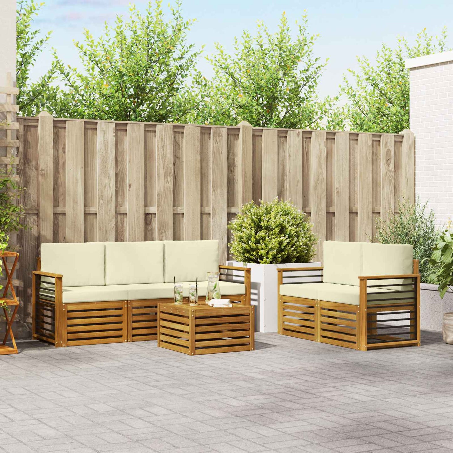 Outdoor-Sofagarnitur 6 stk. Natur und Creme Massivholz Akazie