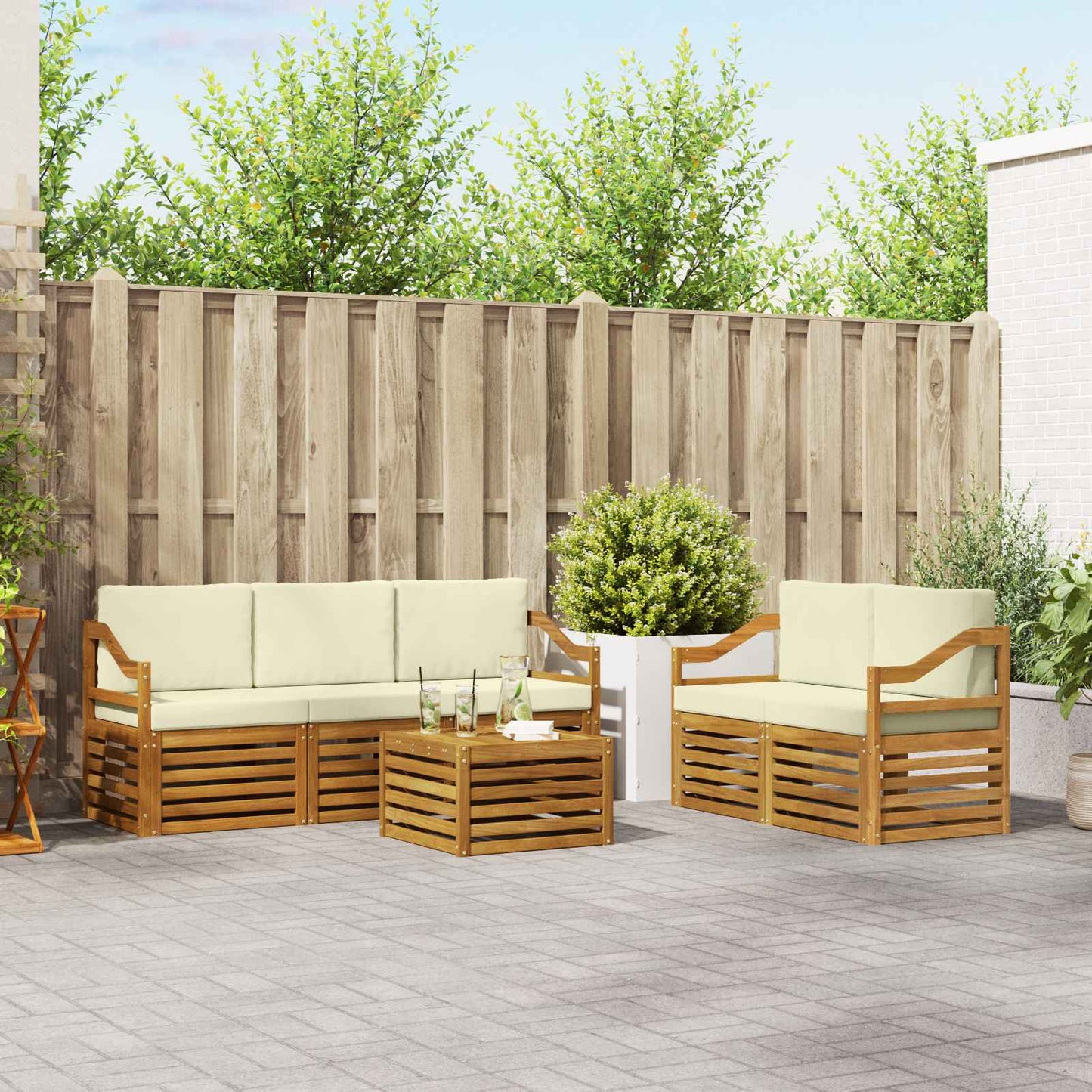 Outdoor-Sofagarnitur 6 stk. Natur und Creme Massivholz Akazie
