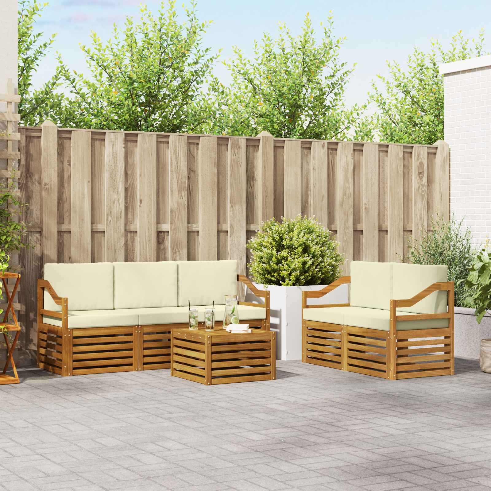 Outdoor-Sofagarnitur 6 stk. Natur und Creme Massivholz Akazie