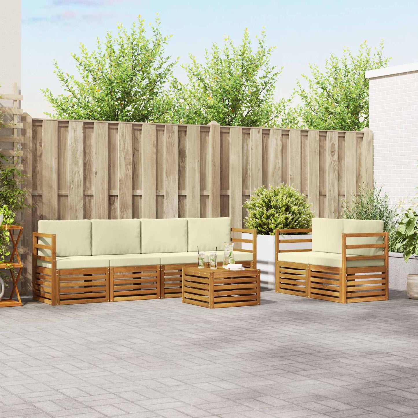 Outdoor-Sofagarnitur 7 stk. Natur und Creme Massivholz Akazie