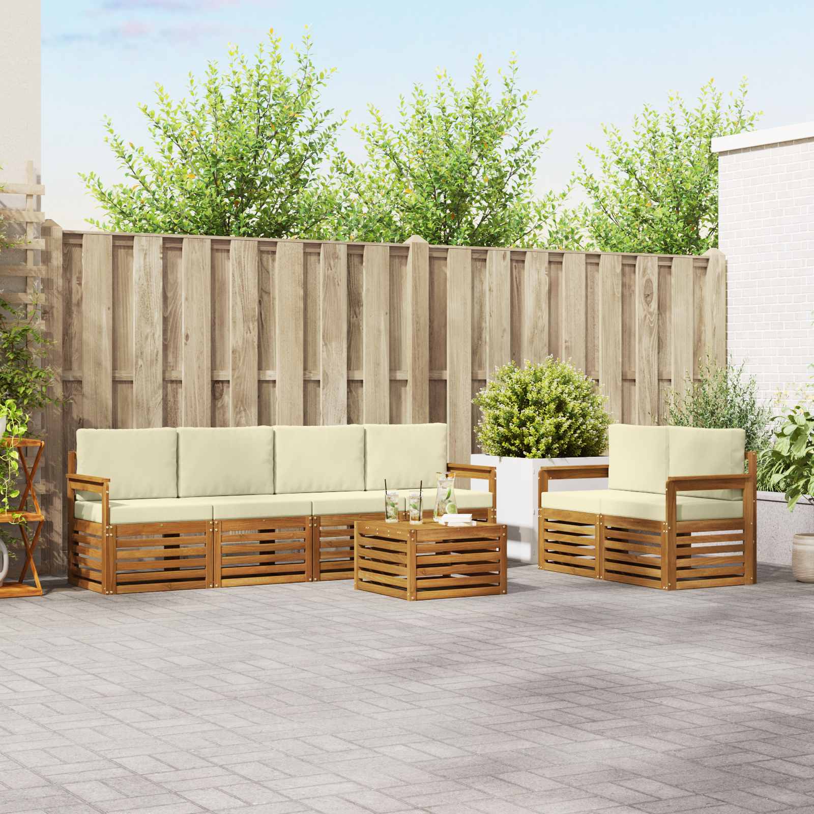 Outdoor-Sofagarnitur 7 stk. Natur und Creme Massivholz Akazie