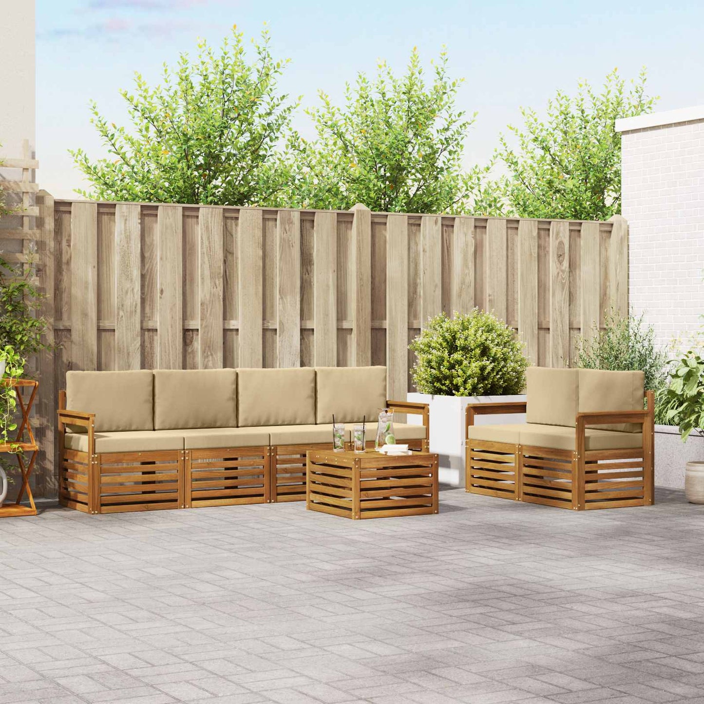 Outdoor-Sofagarnitur 7 stk. Natur und Beige Massivholz Akazie