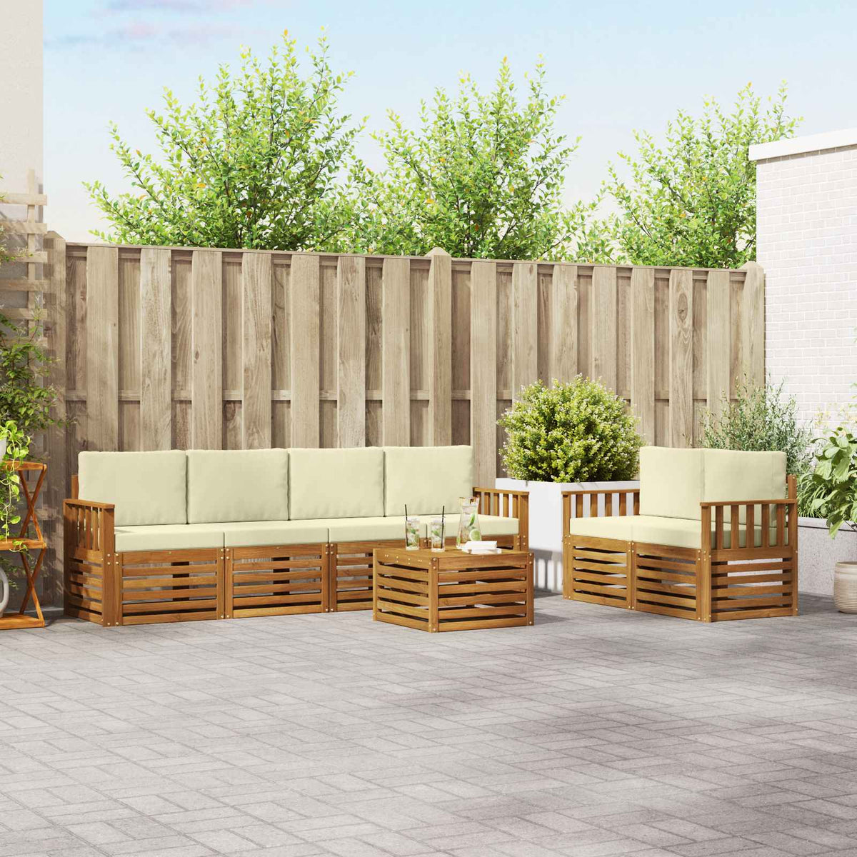 Outdoor-Sofagarnitur 7 stk. Natur und Creme Massivholz Akazie