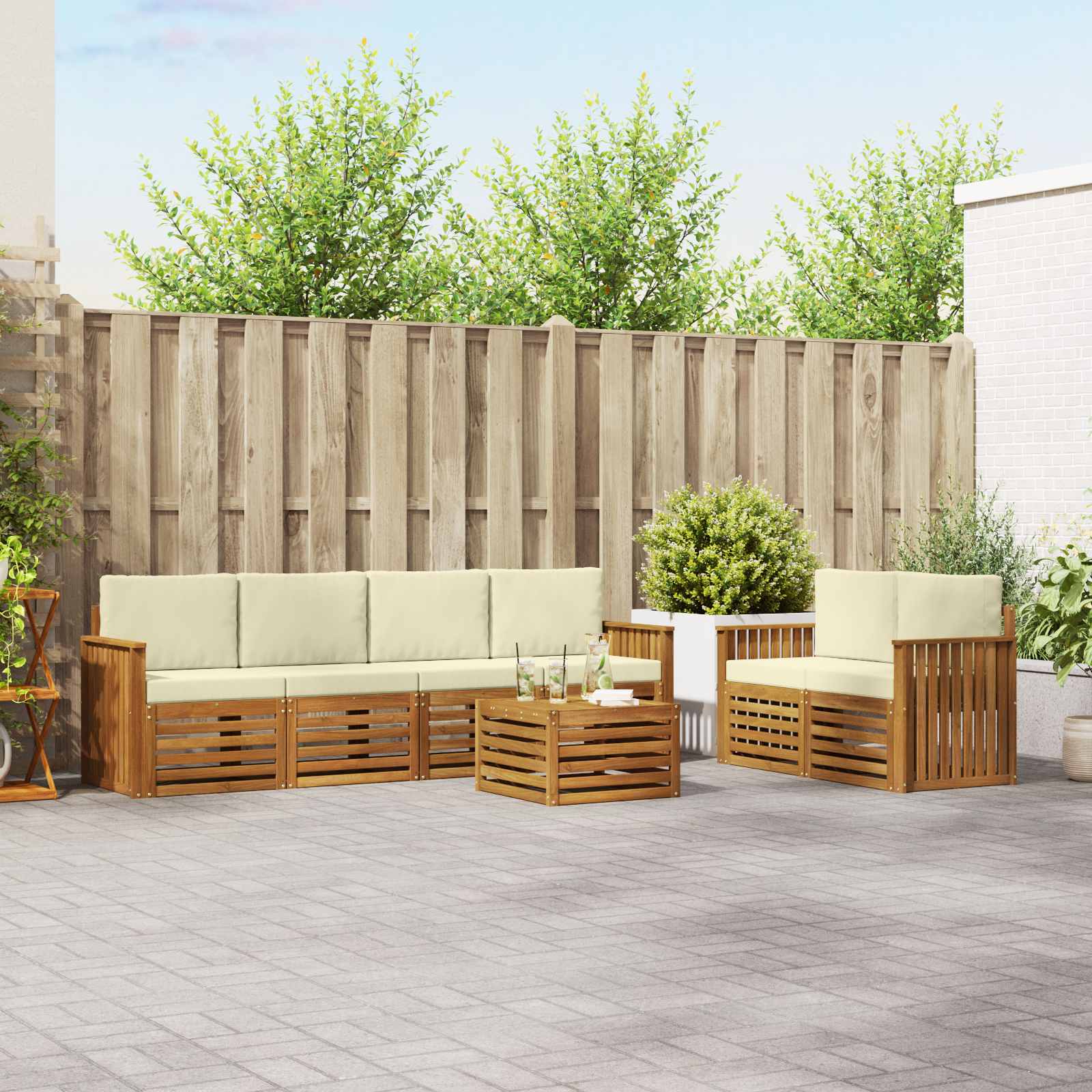 Outdoor-Sofagarnitur 7 stk. Natur und Creme Massivholz Akazie