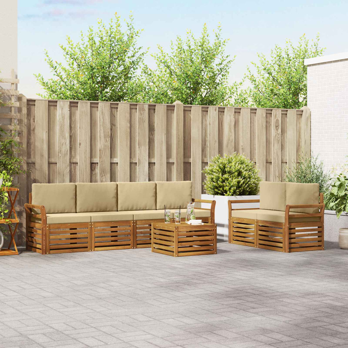 Outdoor-Sofagarnitur 7 stk. Natur und Beige Massivholz Akazie