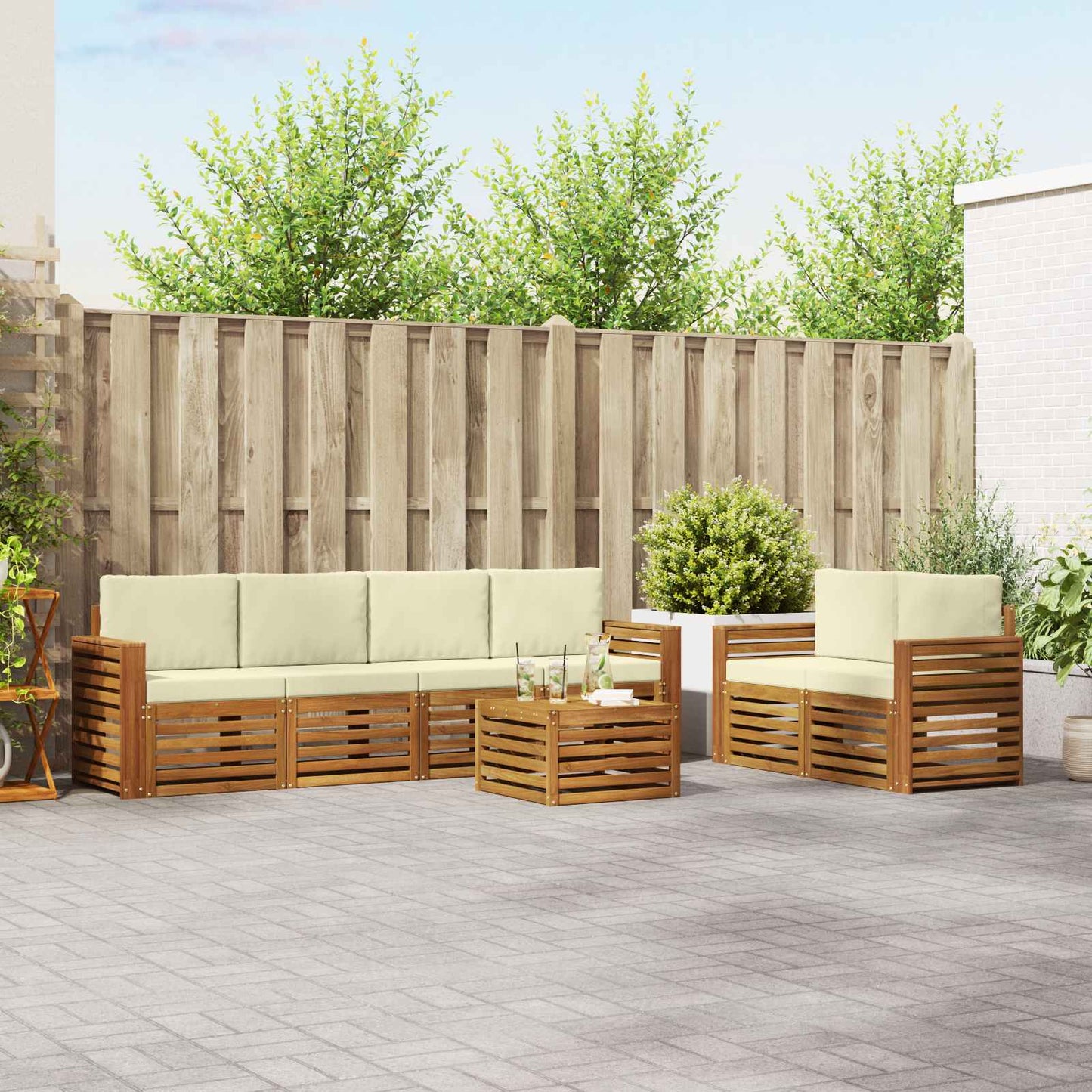 Outdoor-Sofagarnitur 7 stk. Natur und Creme Massivholz Akazie