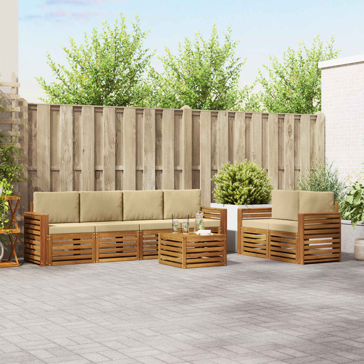 Outdoor-Sofagarnitur 7 stk. Natur und Beige Massivholz Akazie