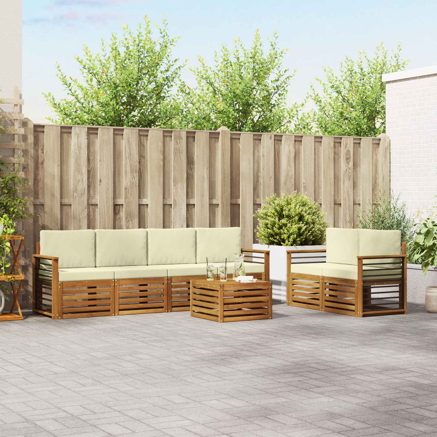Outdoor-Sofagarnitur 7 stk. Natur und Creme Massivholz Akazie