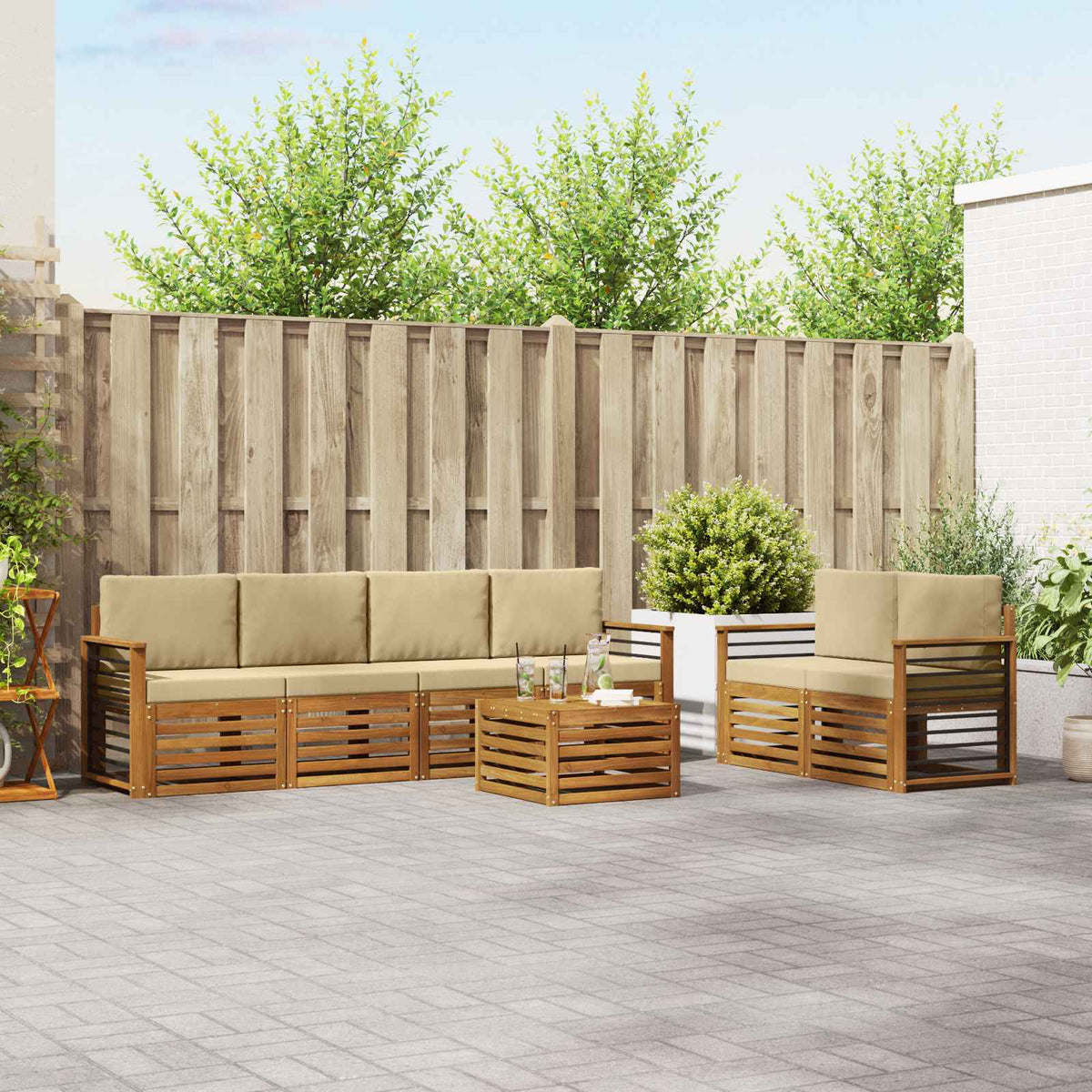 Outdoor-Sofagarnitur 7 stk. Natur und Beige Massivholz Akazie