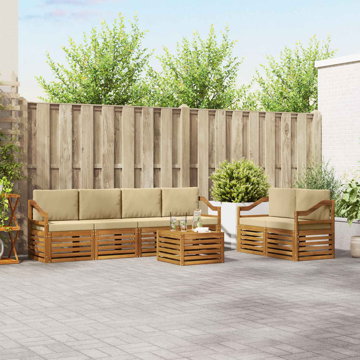 Outdoor-Sofagarnitur 7 stk. Natur und Beige Massivholz Akazie