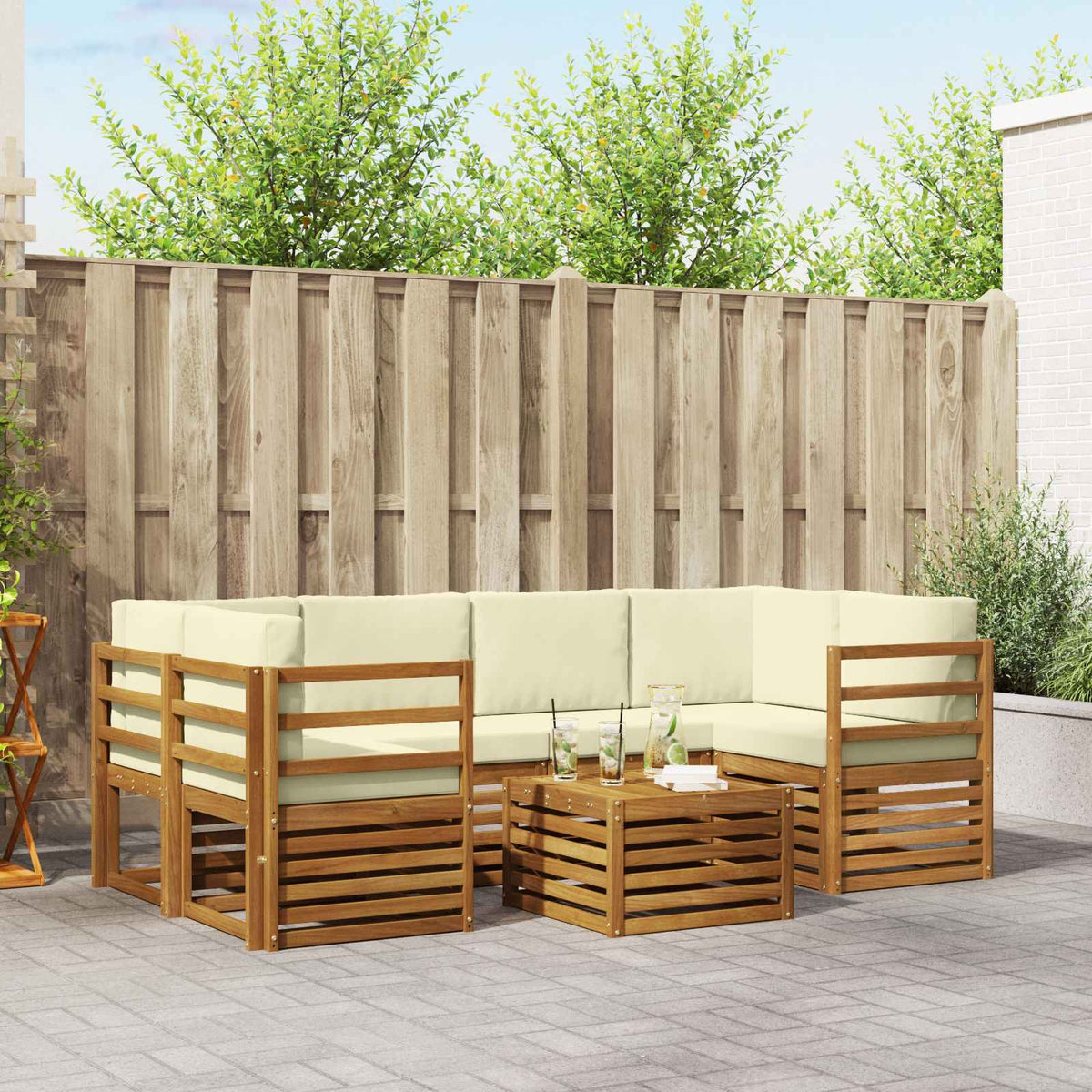 Outdoor-Sofagarnitur 7 stk. Natur und Creme Massivholz Akazie