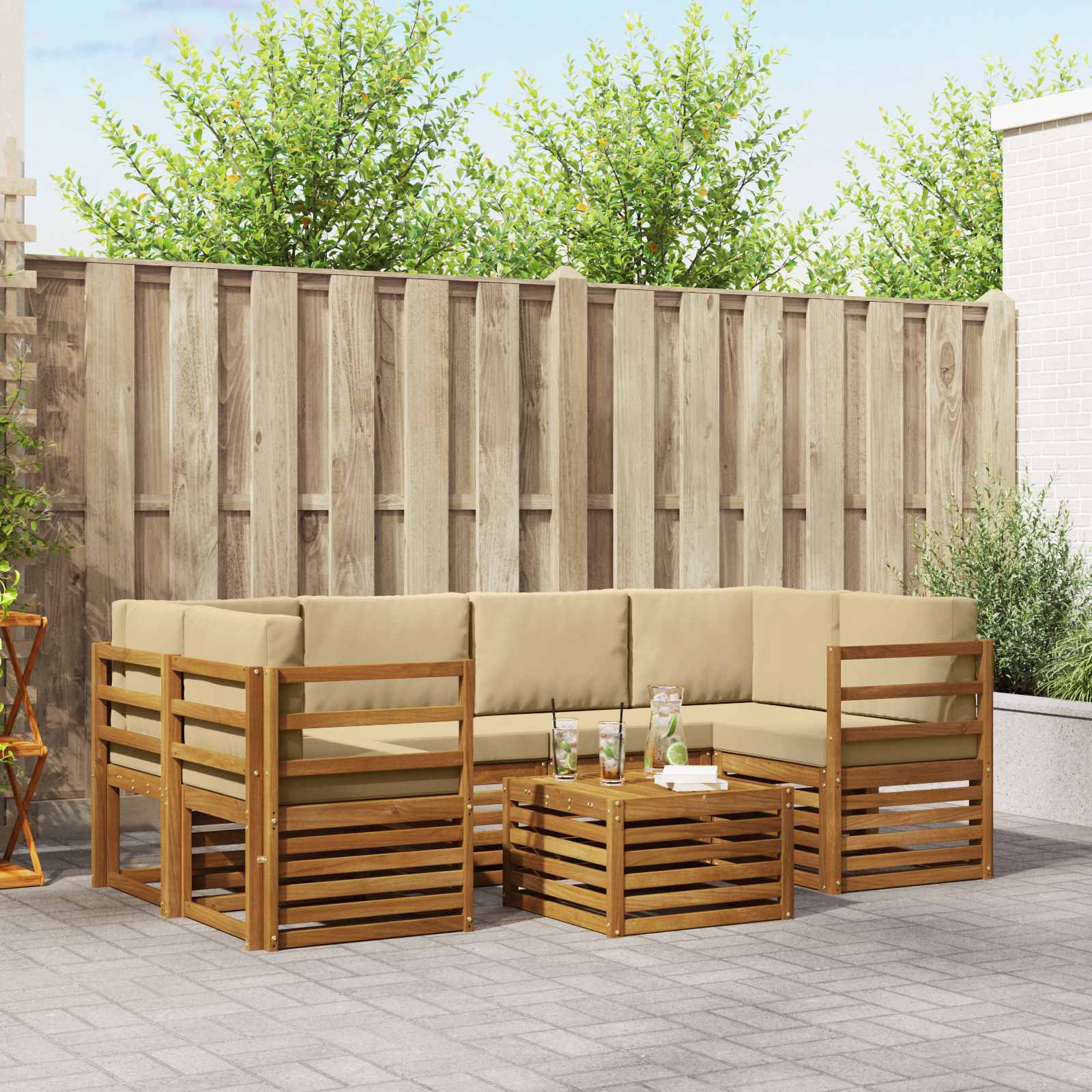 Outdoor-Sofagarnitur 7 stk. Natur und Beige Massivholz Akazie